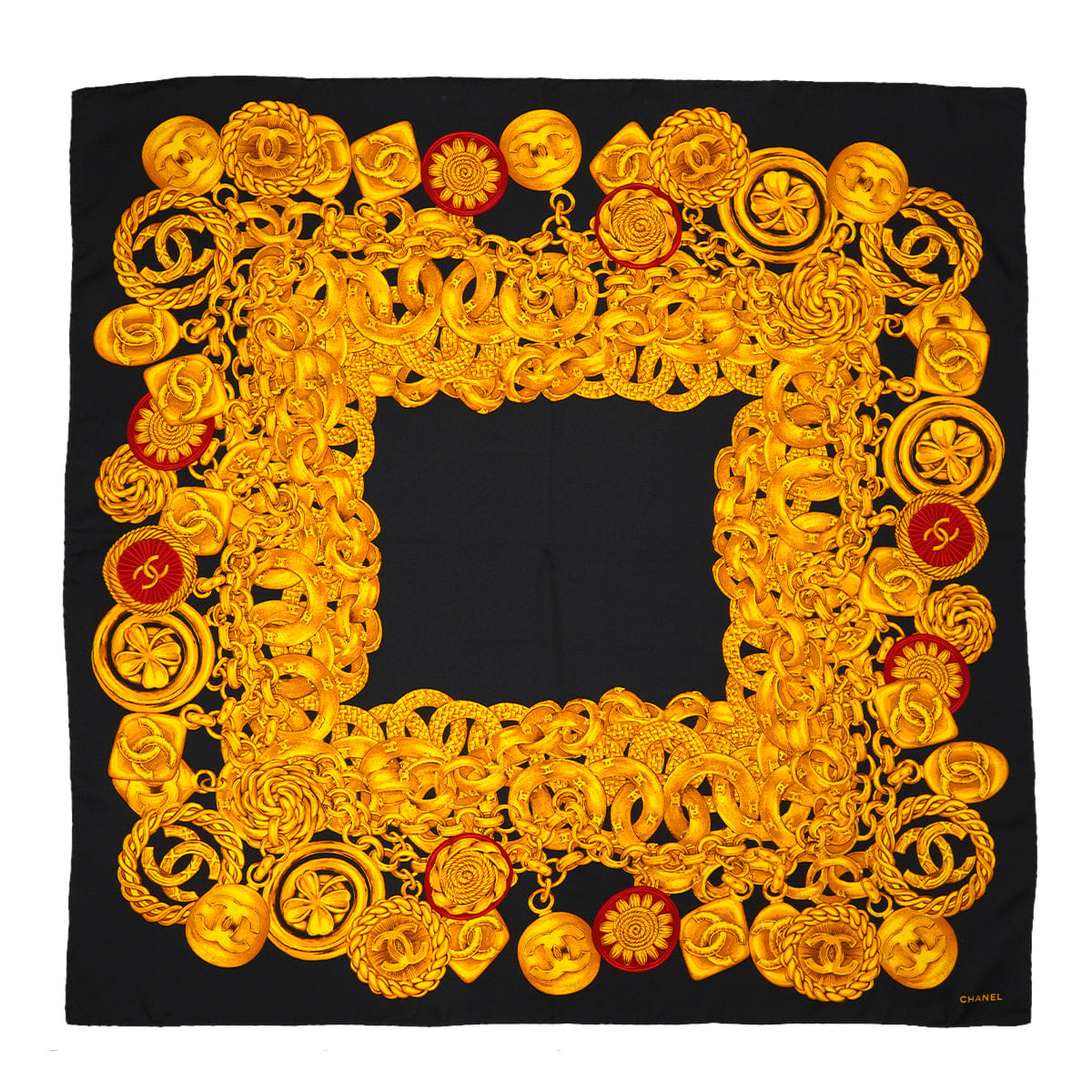 VINTAGE CHANEL COCOMARK CHAIN PATTERN SCARF GOLD BLACK SILK 90331875