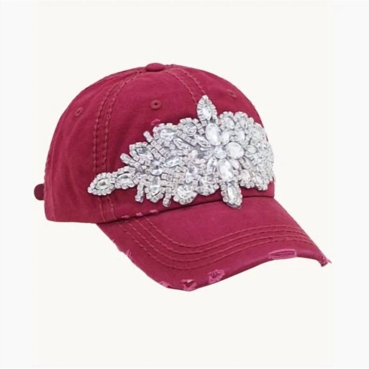 Vintage Crystal Embellished Ponytail Baseball Cap In Burgundy