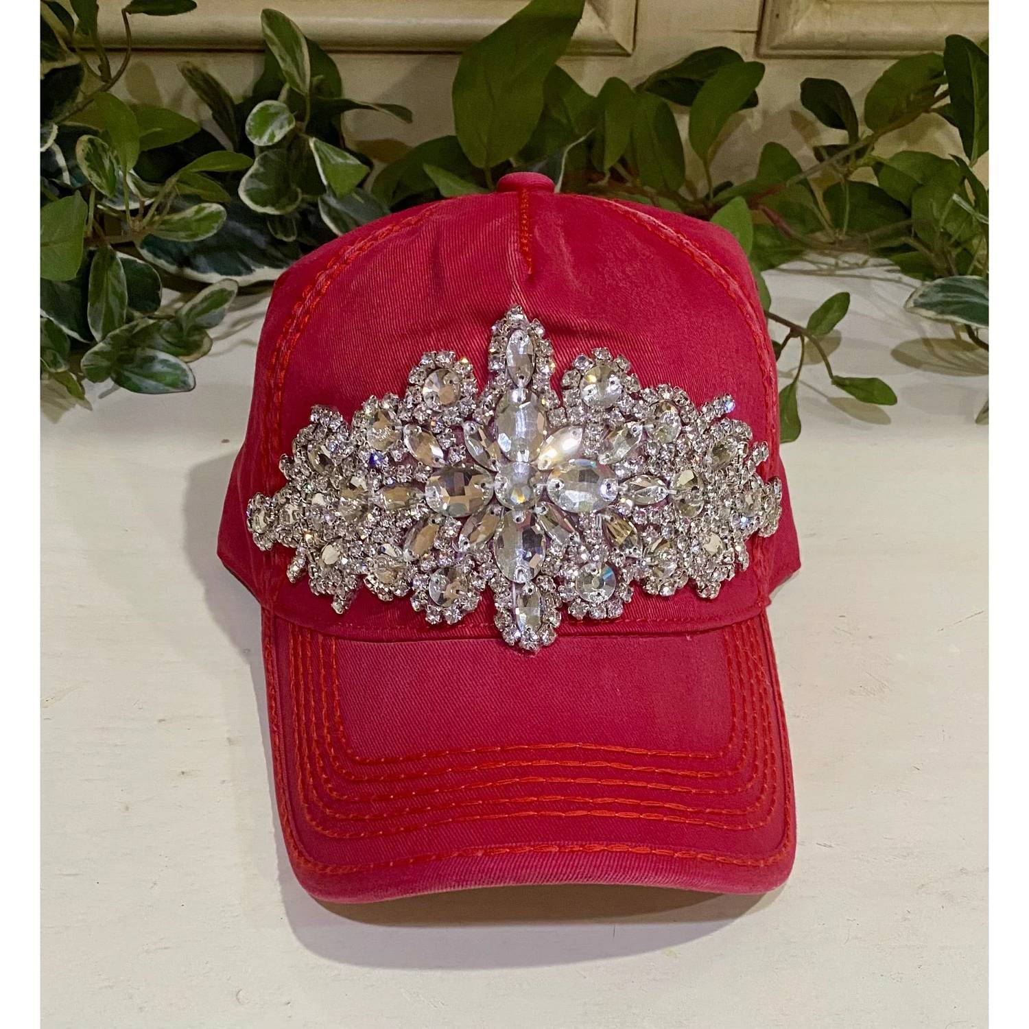 Vintage Crystal Embellished Ponytail Baseball Cap In Red