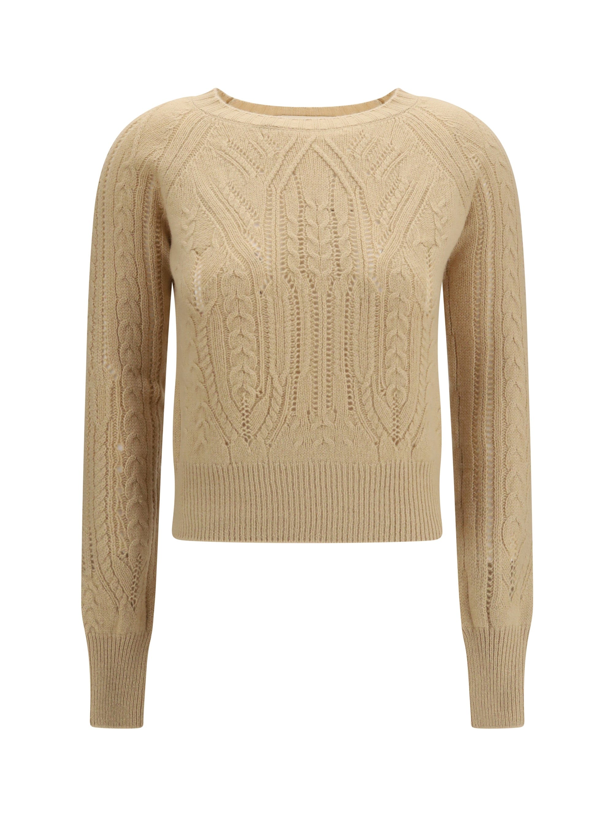 Ermanno Scervino Cable Knit and Openwork Cashmere Sweater — Beige