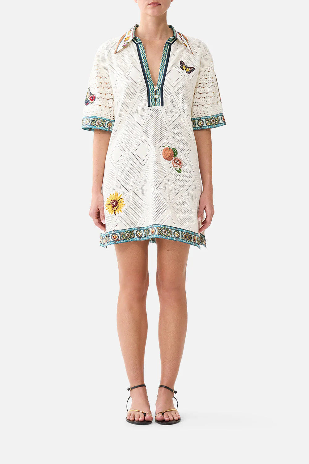 Camilla Magic of the Mercado Collared Silk Knit Mini Dress in White