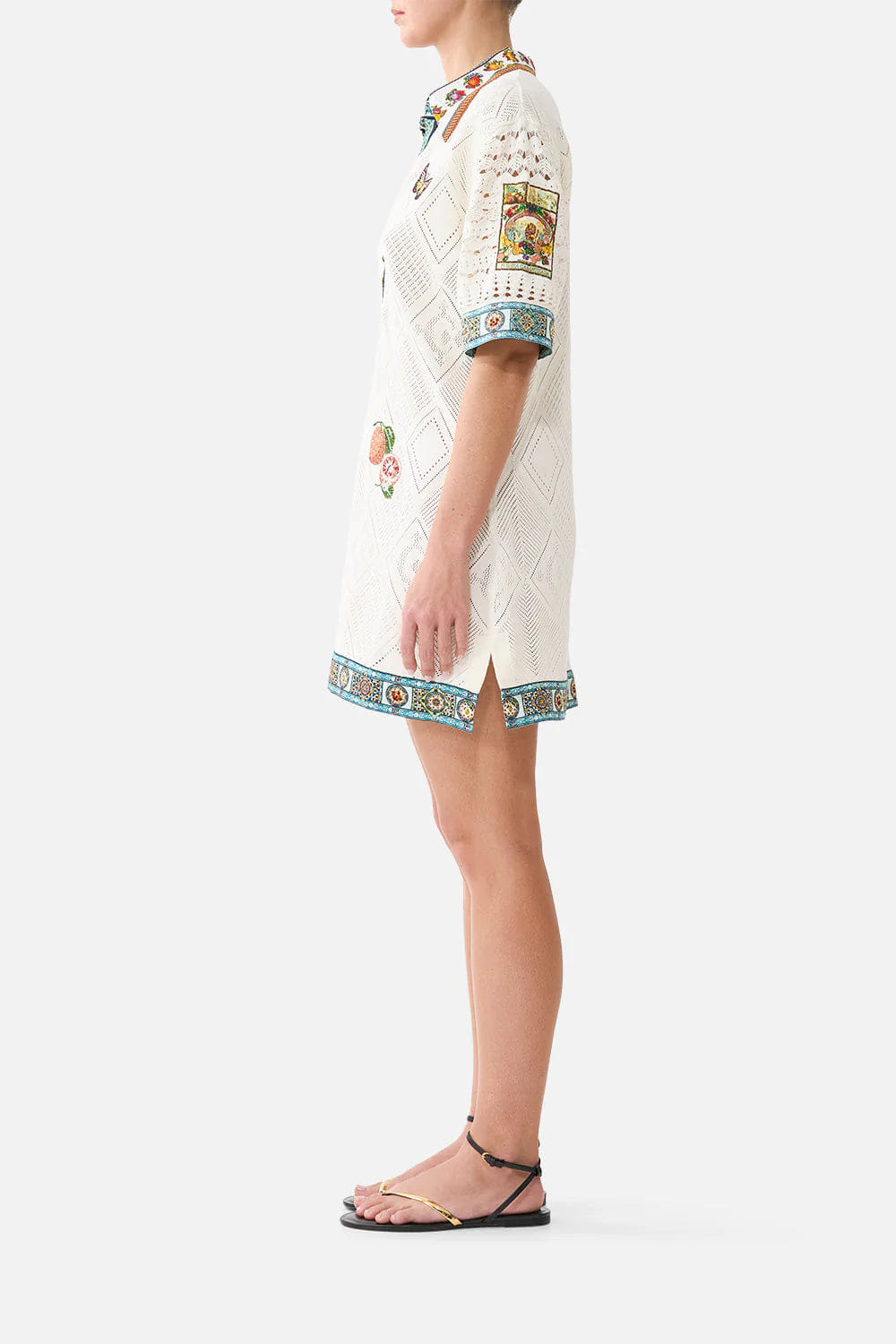 Camilla Magic of the Mercado Collared Silk Knit Mini Dress in White