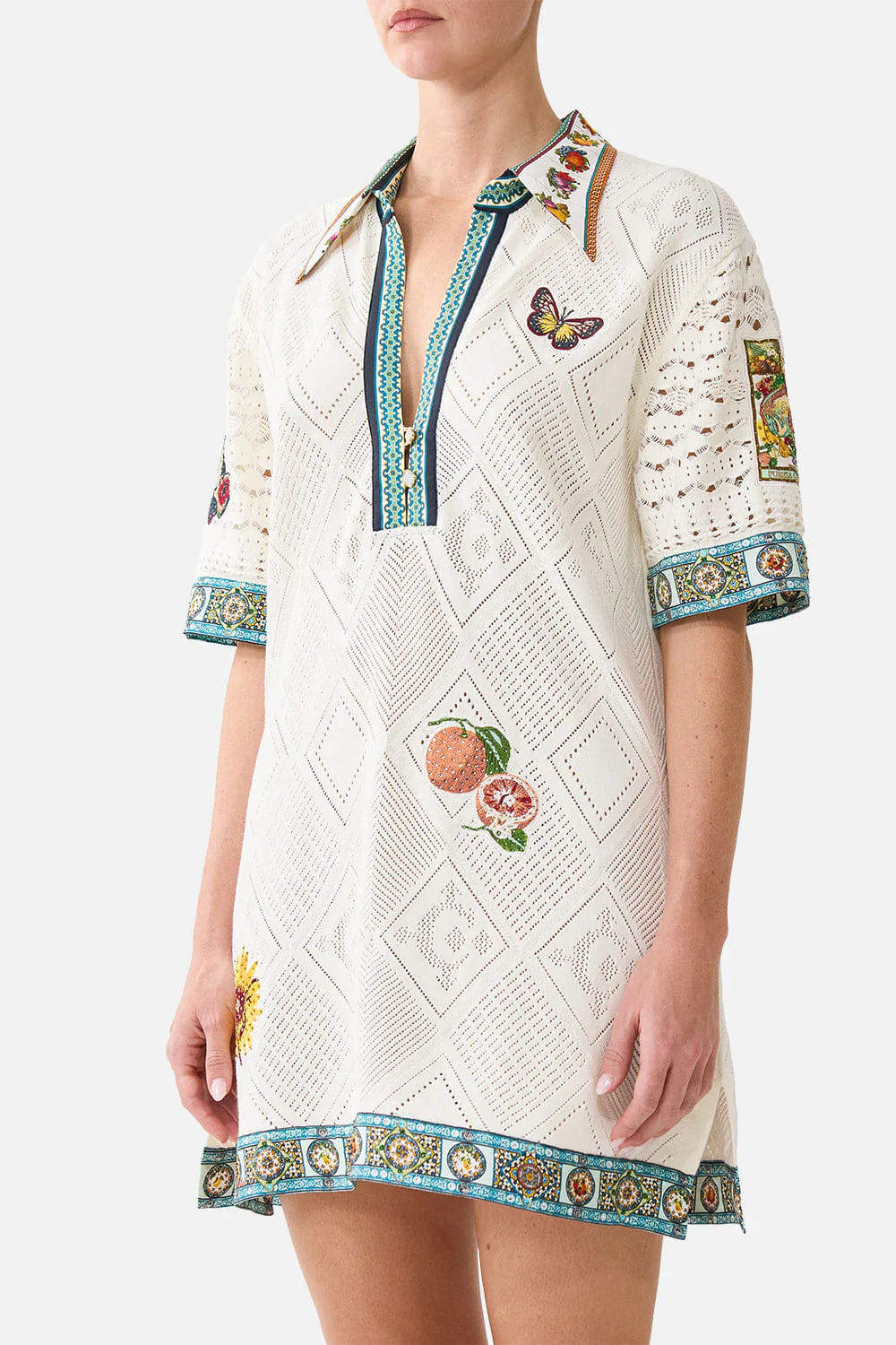 Camilla Magic of the Mercado Collared Silk Knit Mini Dress in White
