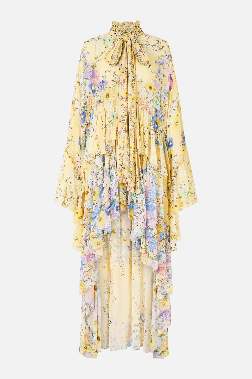 Camilla Darling Buds Ruffle High Low Floral Silk Maxi Dress With Long Sleeves in Yellow