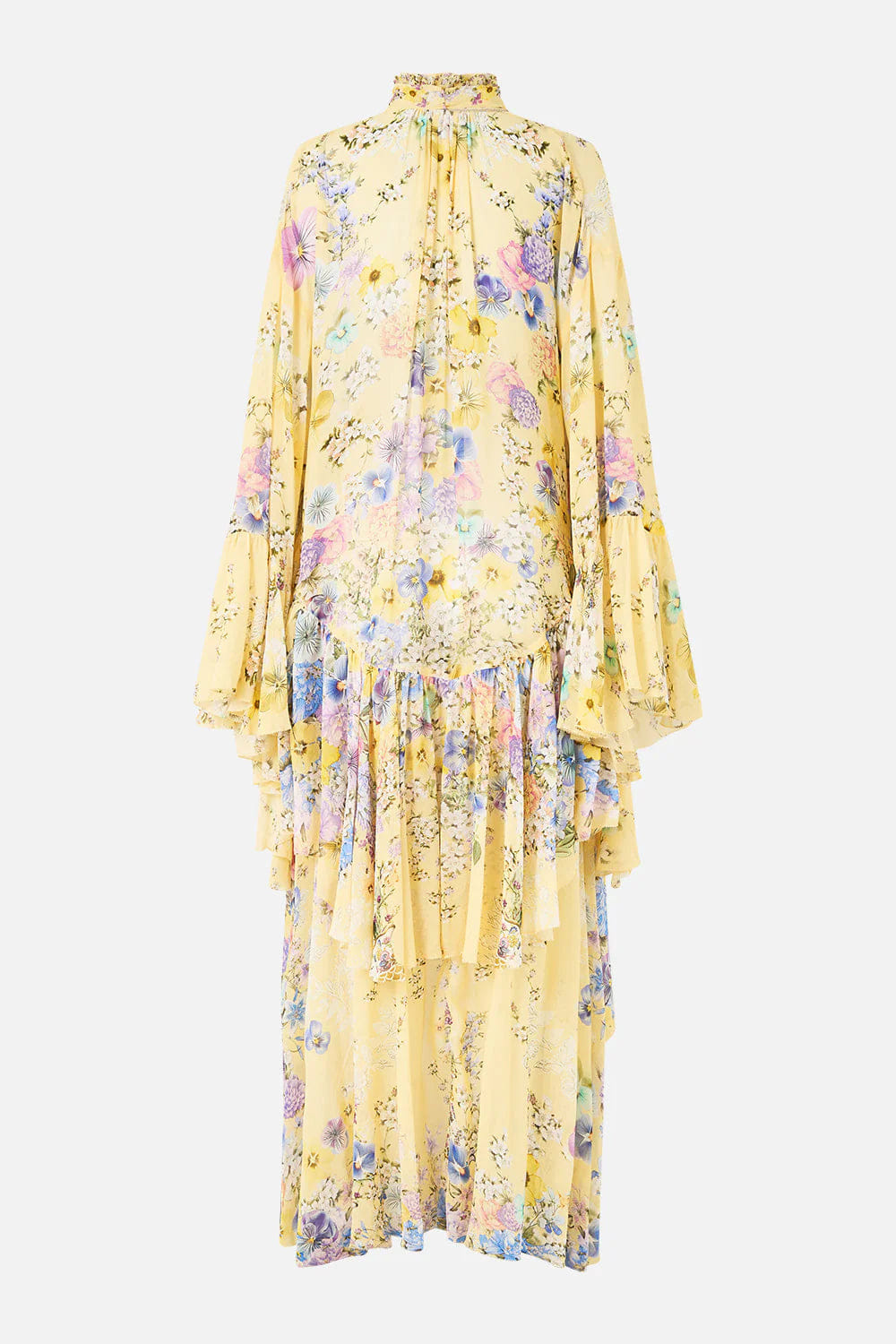 Camilla Darling Buds Ruffle High Low Floral Silk Maxi Dress With Long Sleeves in Yellow