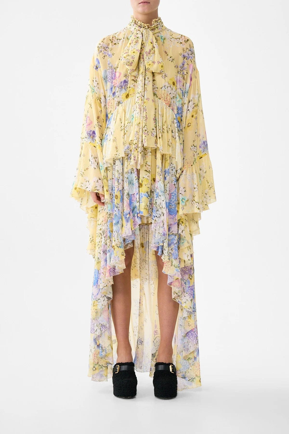 Camilla Darling Buds Ruffle High Low Floral Silk Maxi Dress With Long Sleeves in Yellow