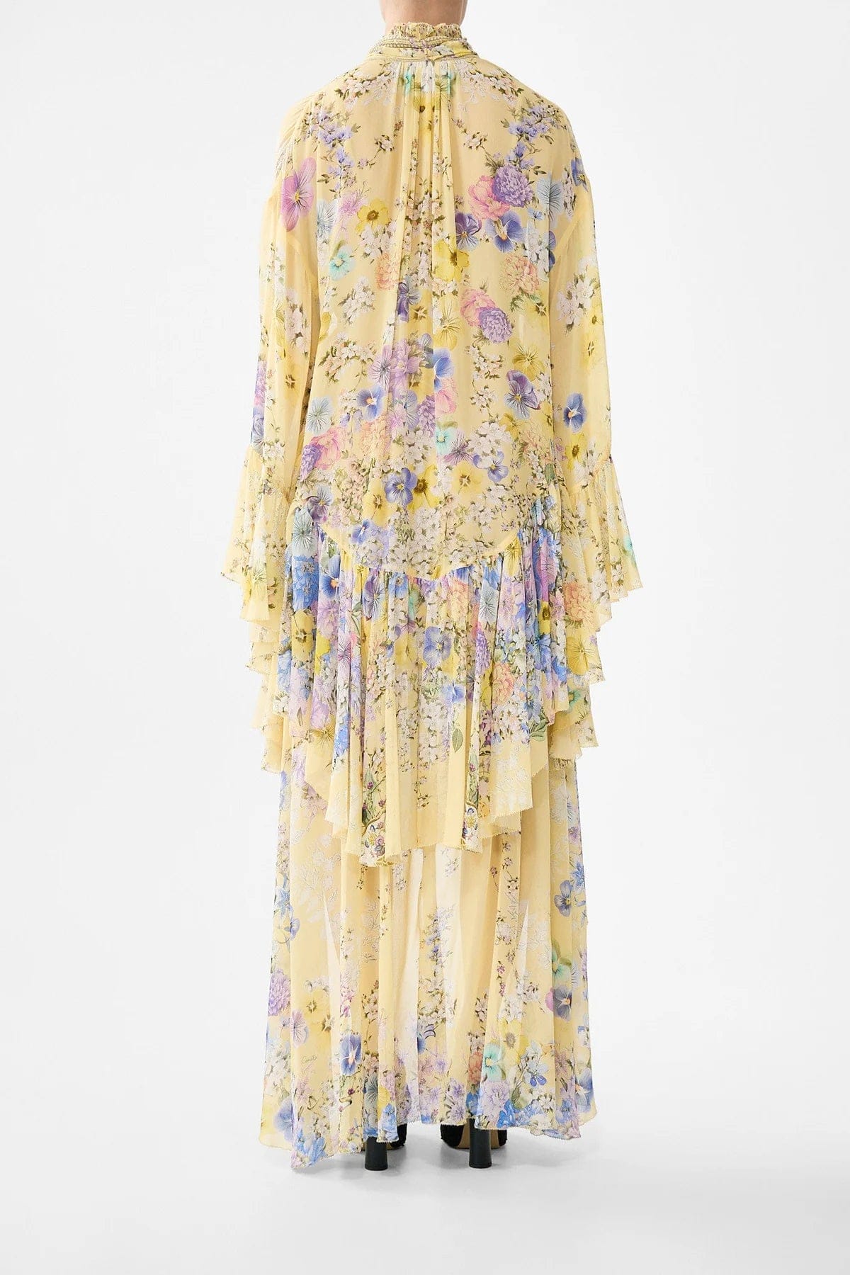 Camilla Darling Buds Ruffle High Low Floral Silk Maxi Dress With Long Sleeves in Yellow