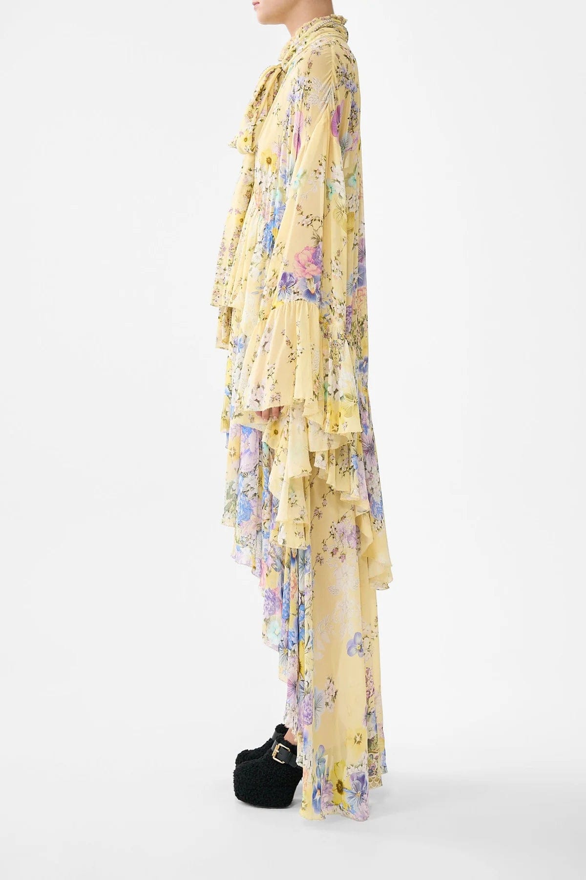 Camilla Darling Buds Ruffle High Low Floral Silk Maxi Dress With Long Sleeves in Yellow