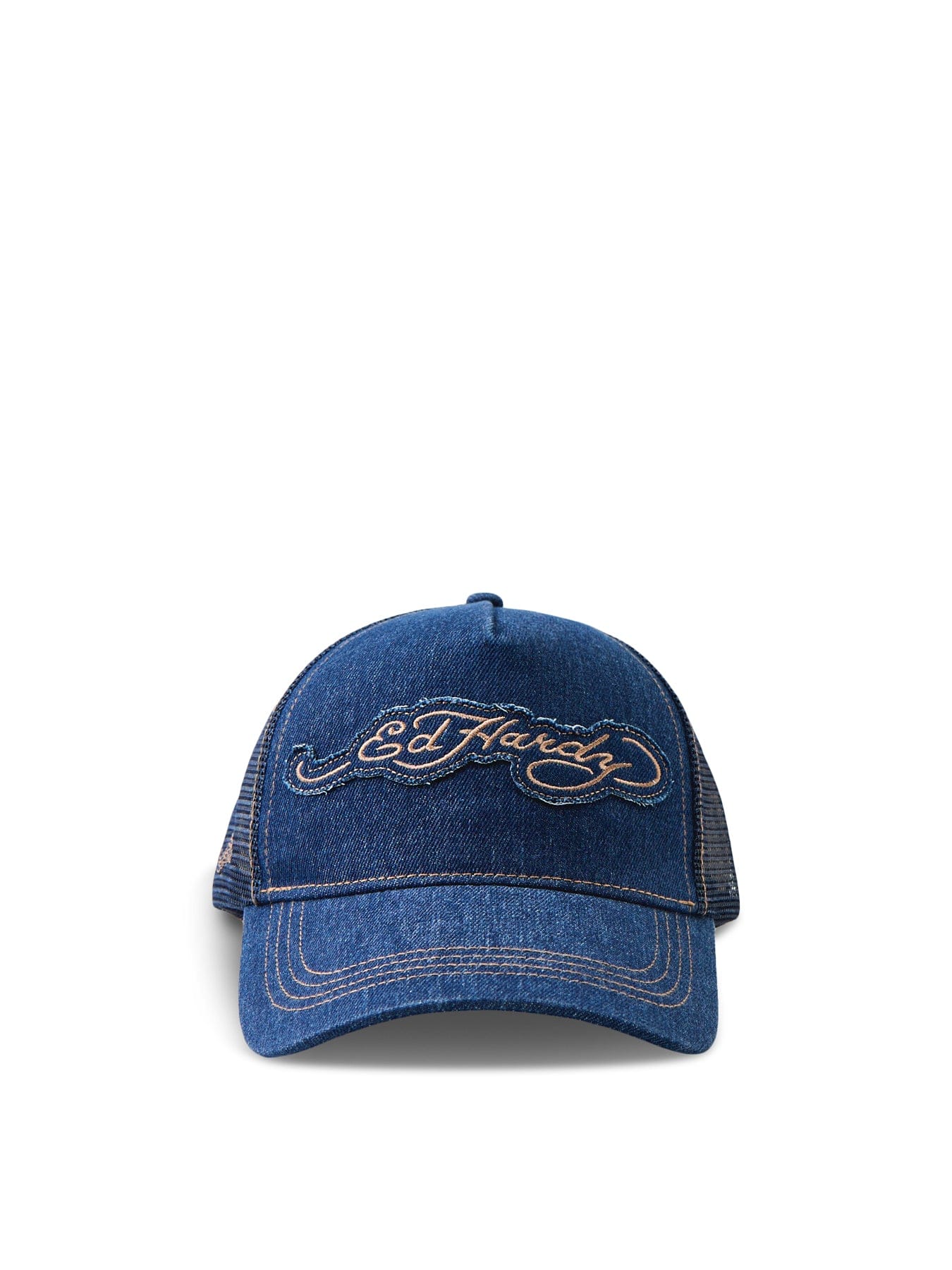 Ed Hardy Contrast Stitch On Indigo Denim 5 Panel Trucker Cap Blue