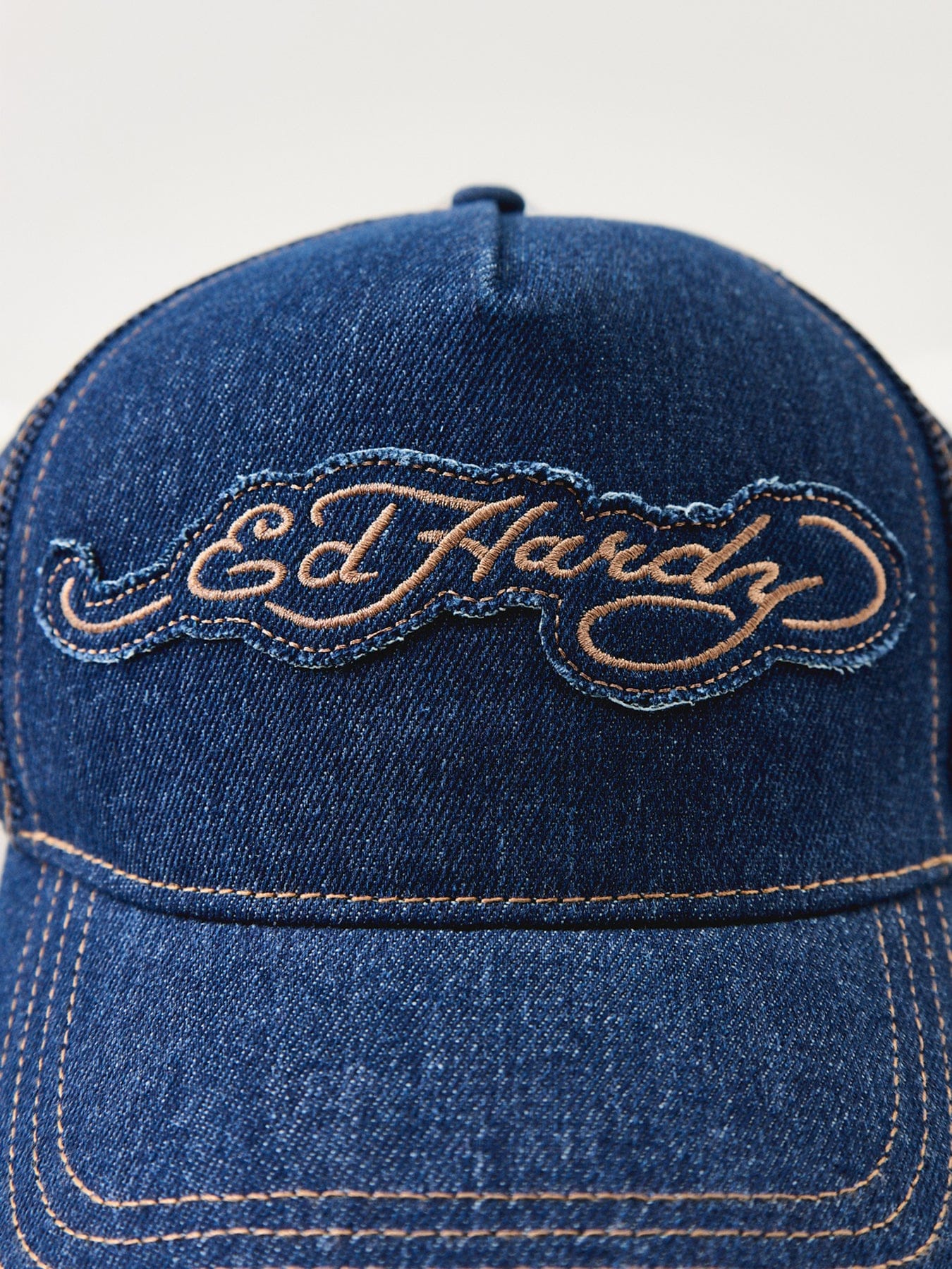 Ed Hardy Contrast Stitch On Indigo Denim 5 Panel Trucker Cap Blue