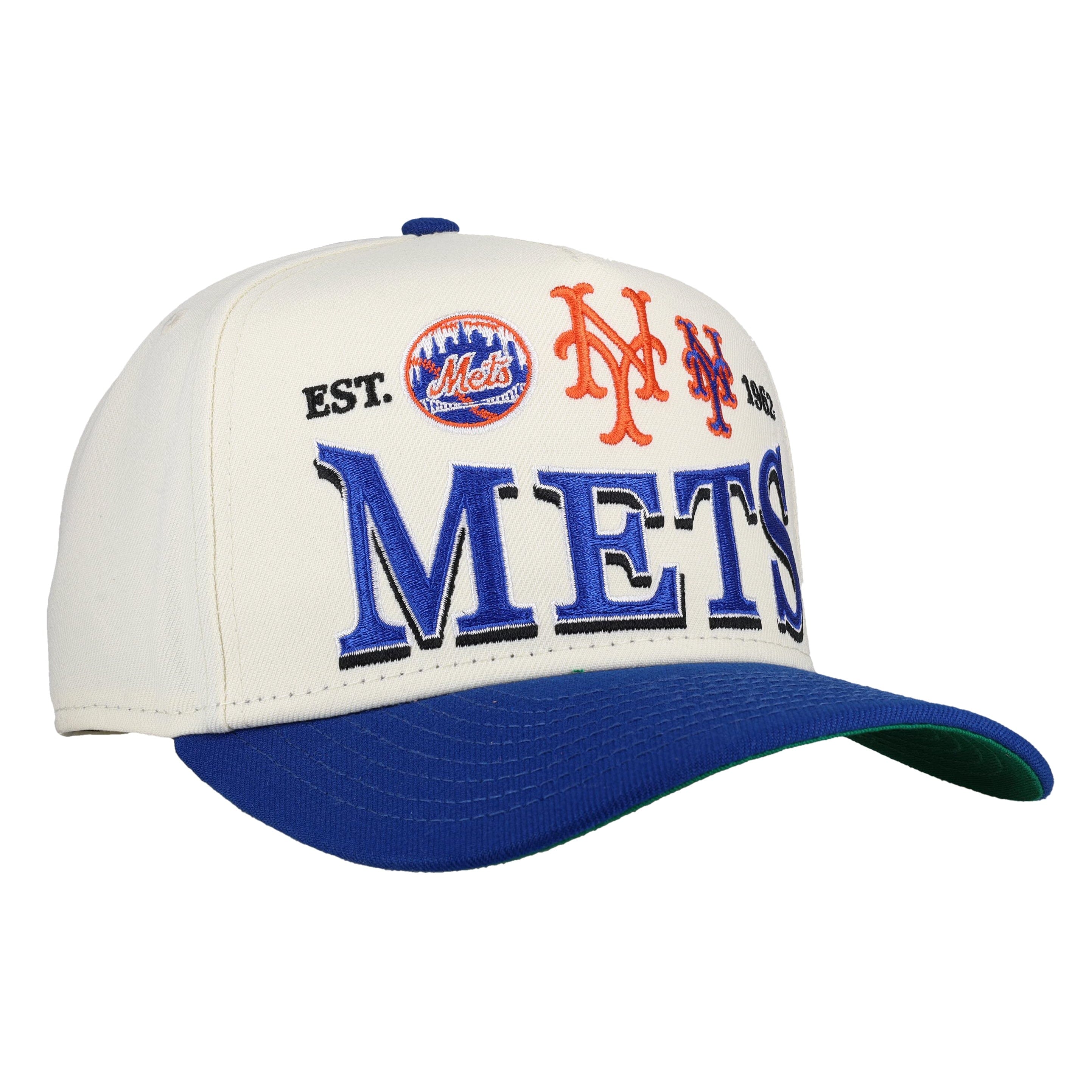 New York Mets 1962 Team Color 9Fifty A Frame Snapback Hat (Green Brim) Version 2