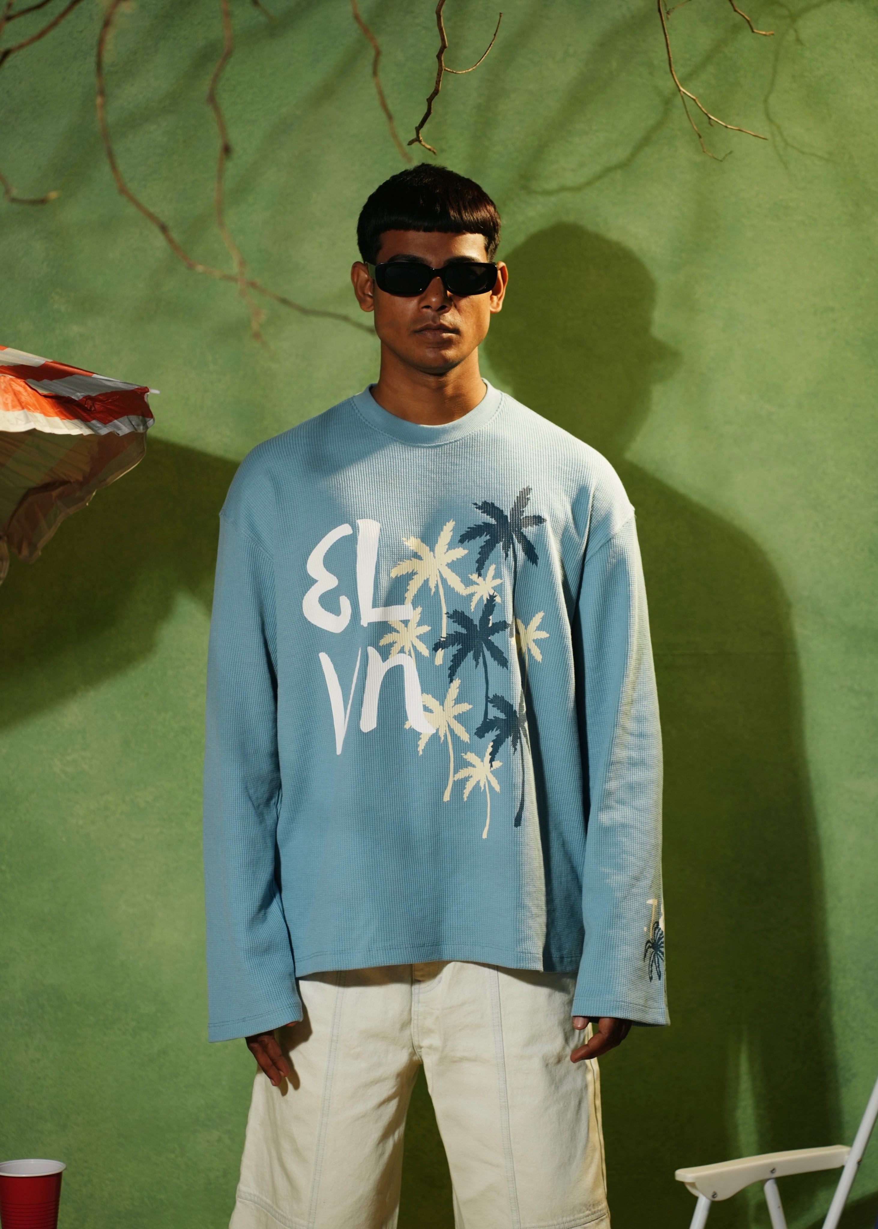 Elvn.tee PALM STATE FULL SLEEVE WAFFLE .T-Shirt | SKY BLUE