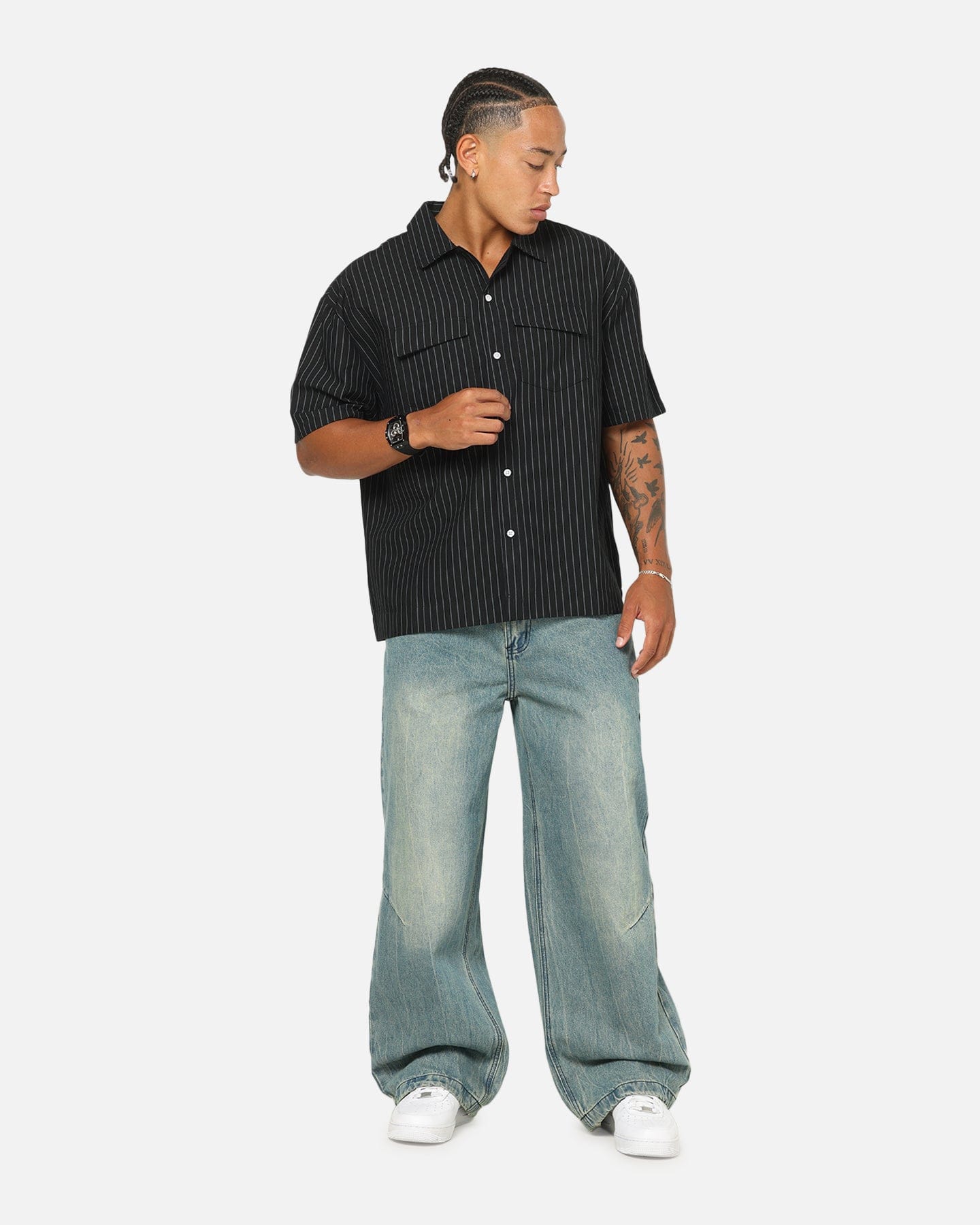 Saint Morta Gothic Pinstripe Button Up Shirt Jet Black