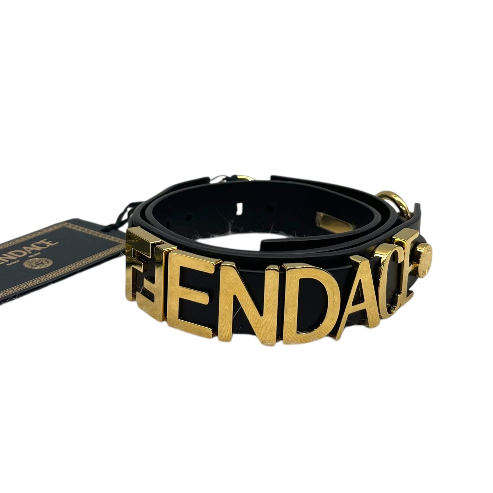 Fendace Fendi x Versace Black Leather Logo Letters Buckle Belt