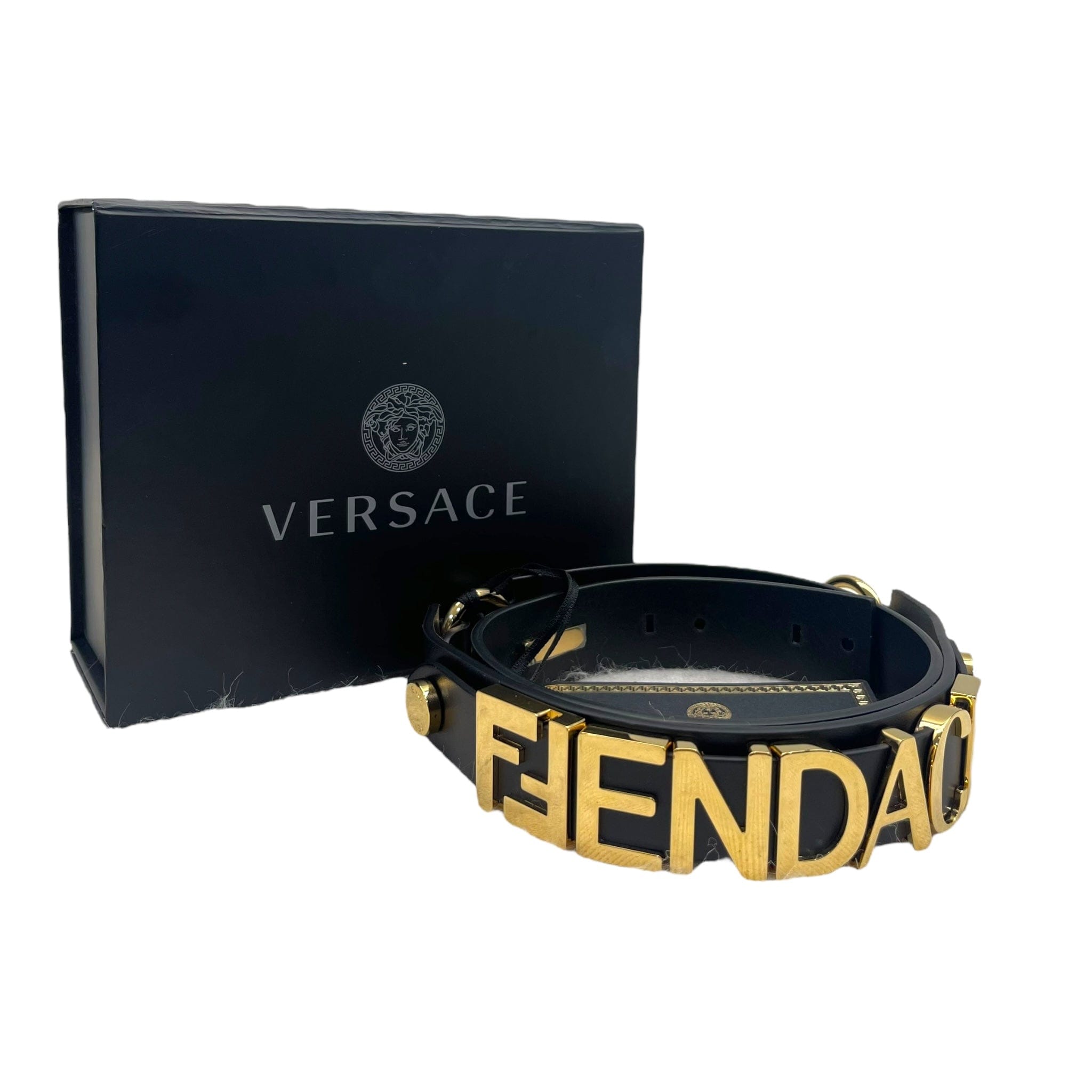 Fendace Fendi x Versace Black Leather Logo Letters Buckle Belt