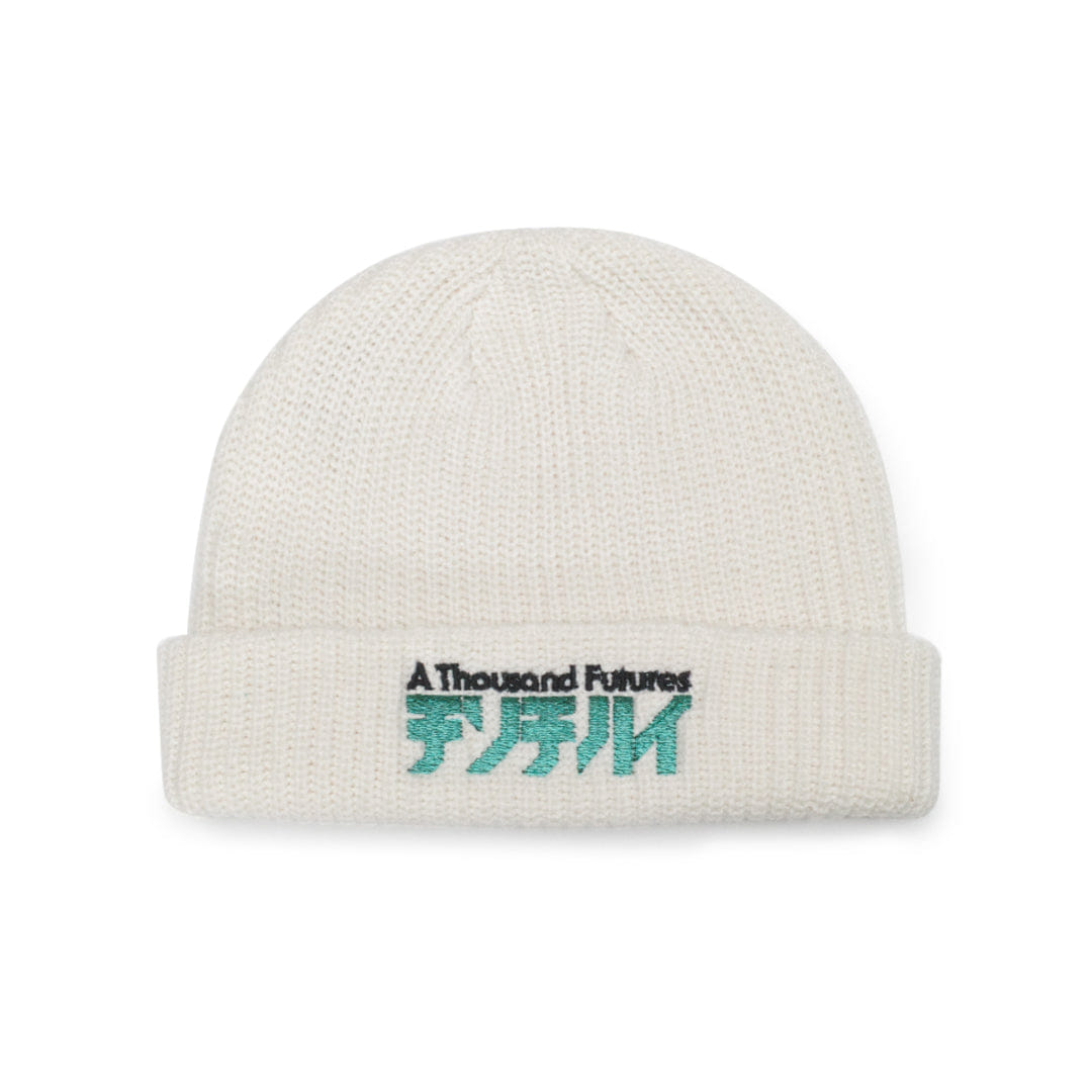 A Thousand Futures x GK Logo Embroidered Ribbed Beanie - Ecru