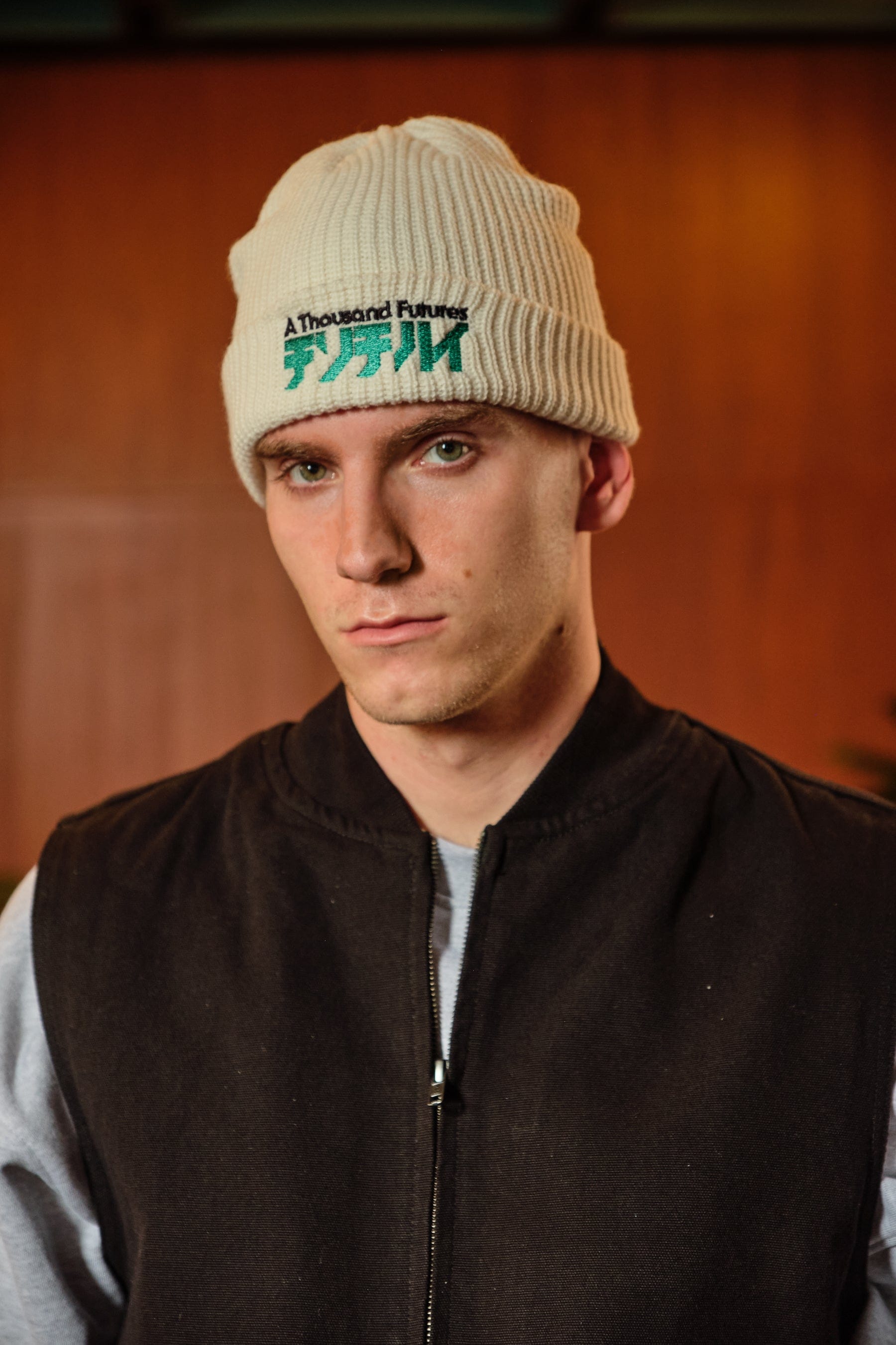 A Thousand Futures x GK Logo Embroidered Ribbed Beanie - Ecru
