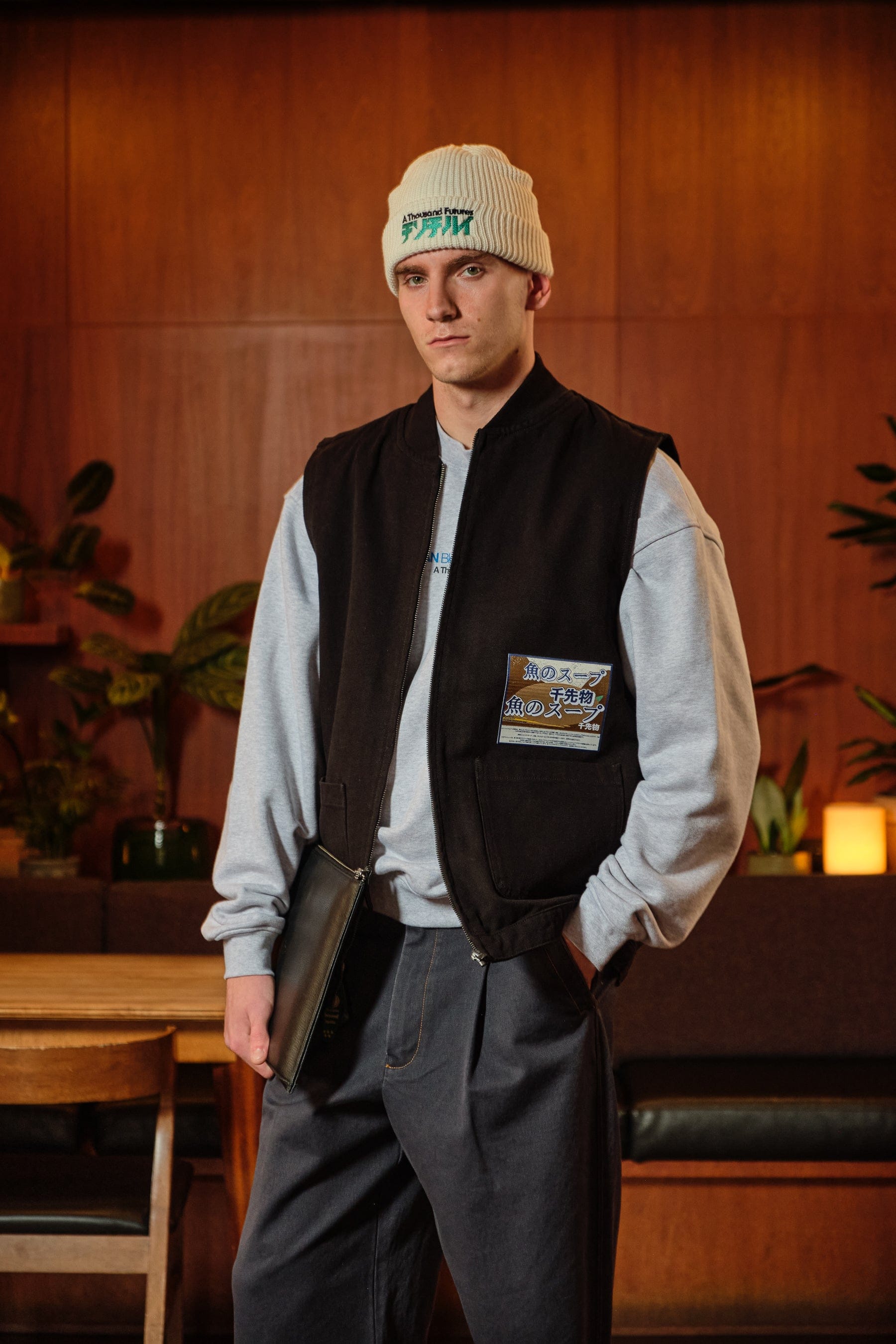 A Thousand Futures x GK Logo Embroidered Ribbed Beanie - Ecru