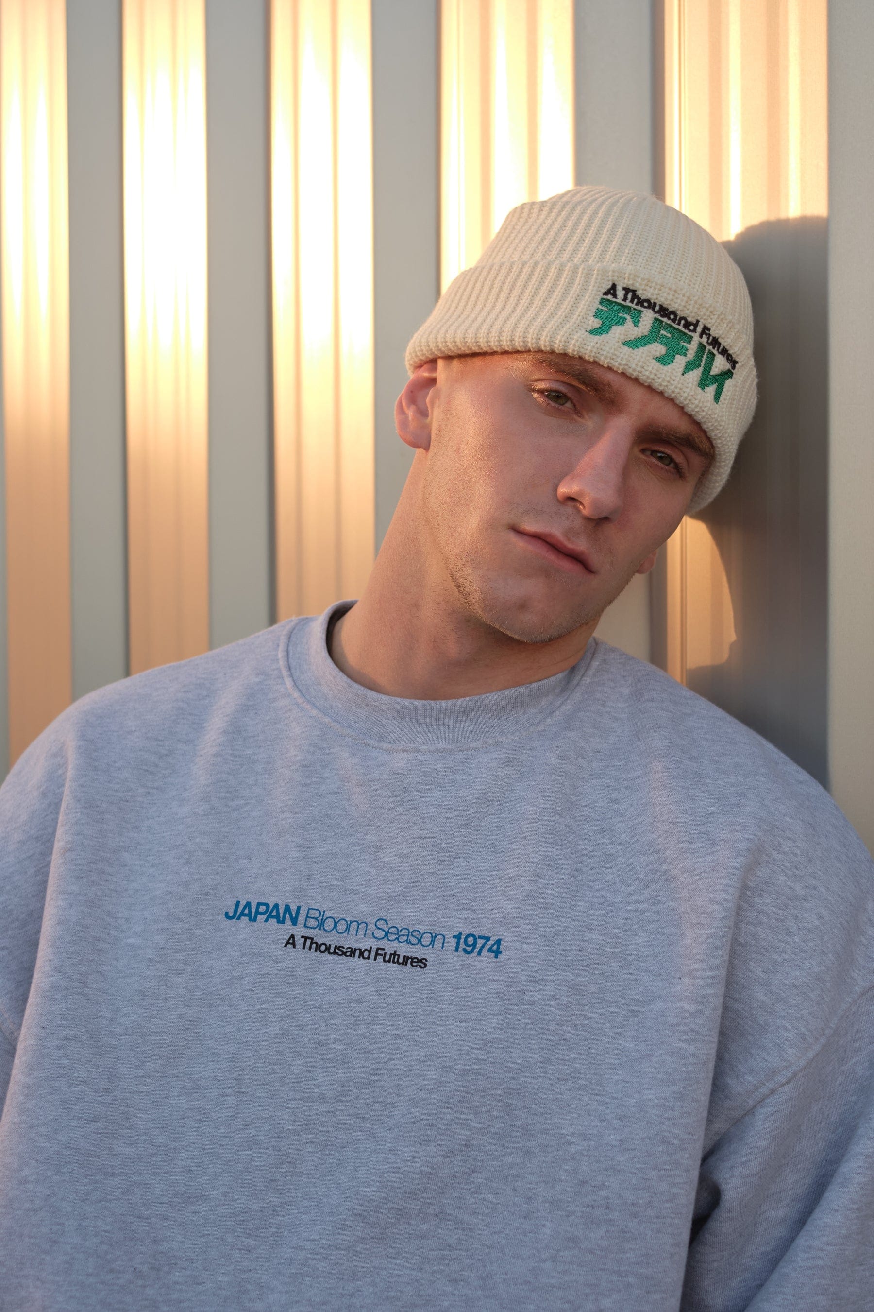 A Thousand Futures x GK Logo Embroidered Ribbed Beanie - Ecru