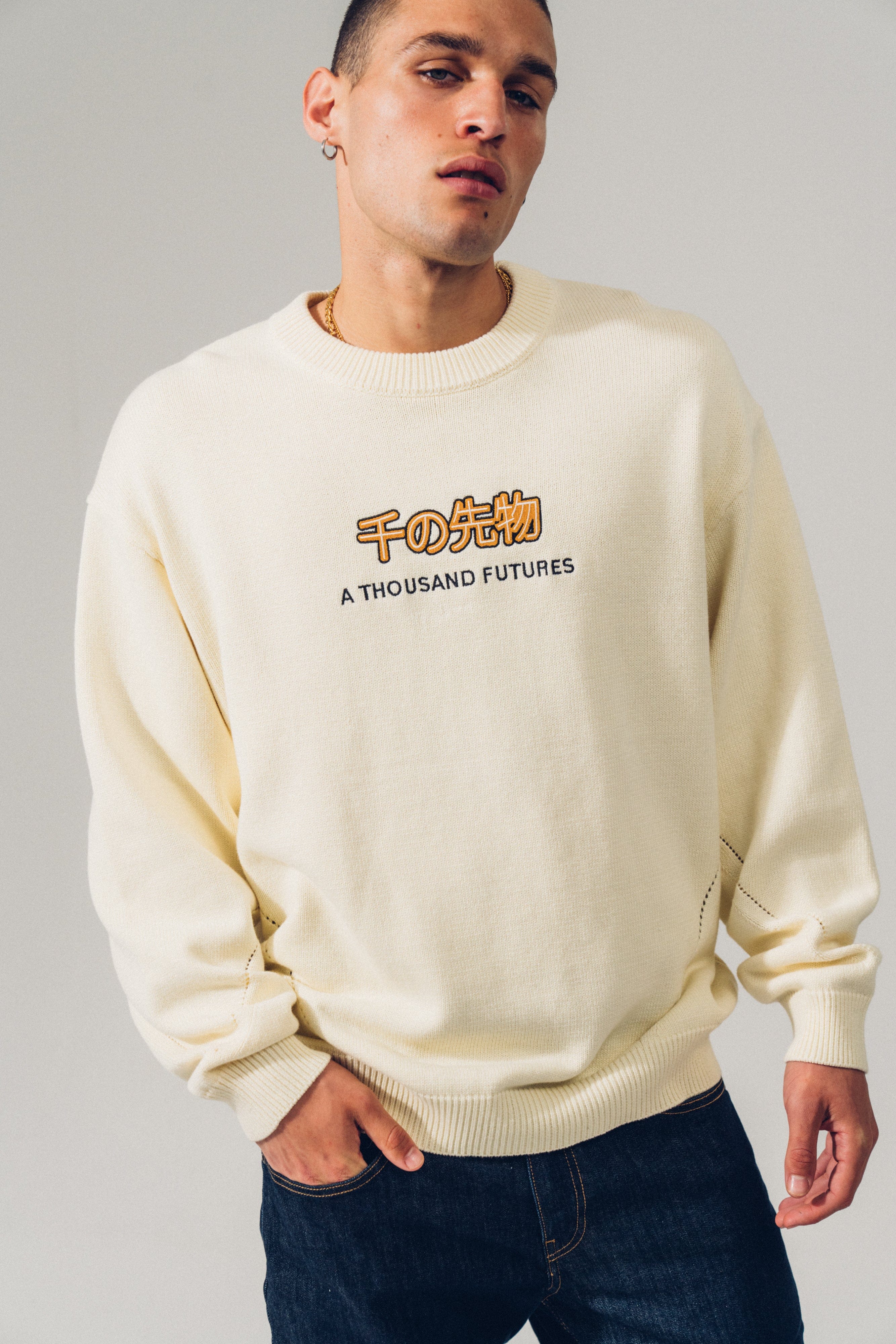 A Thousand Futures Logo Panel Knit Sweater - Cream