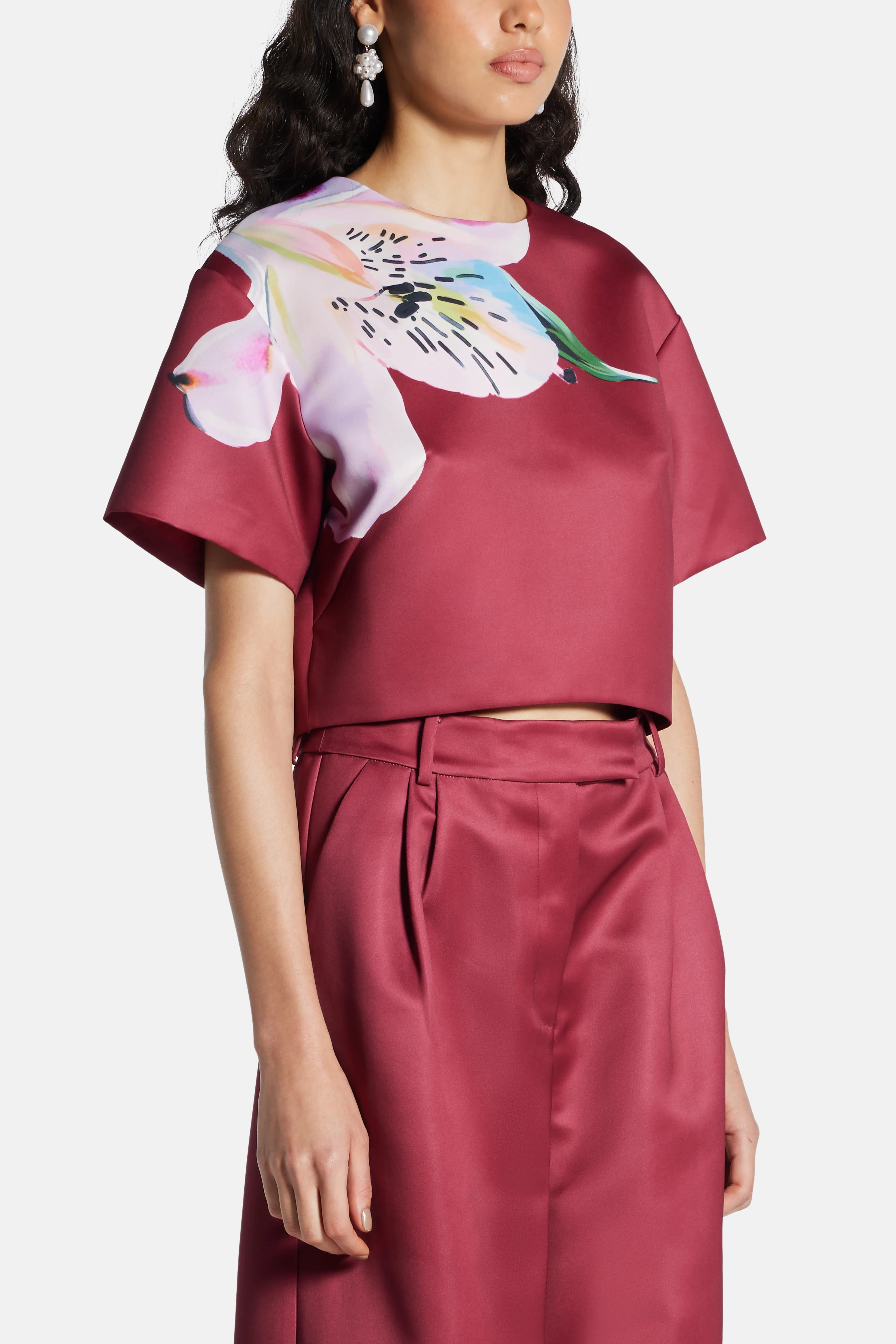 LEO LIN Indie Short Sleeve Crop Top In Burgundy