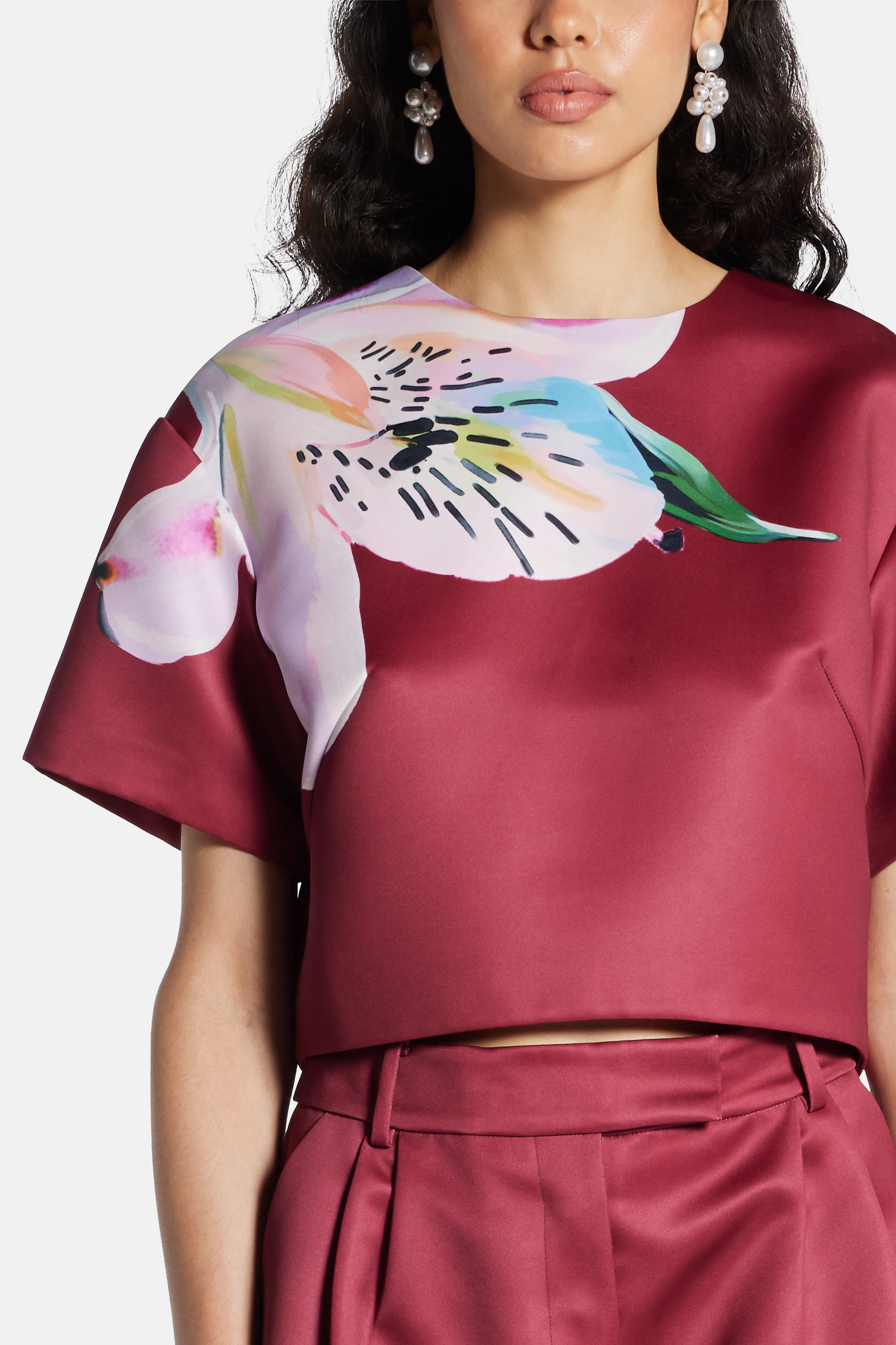 LEO LIN Indie Short Sleeve Crop Top In Burgundy
