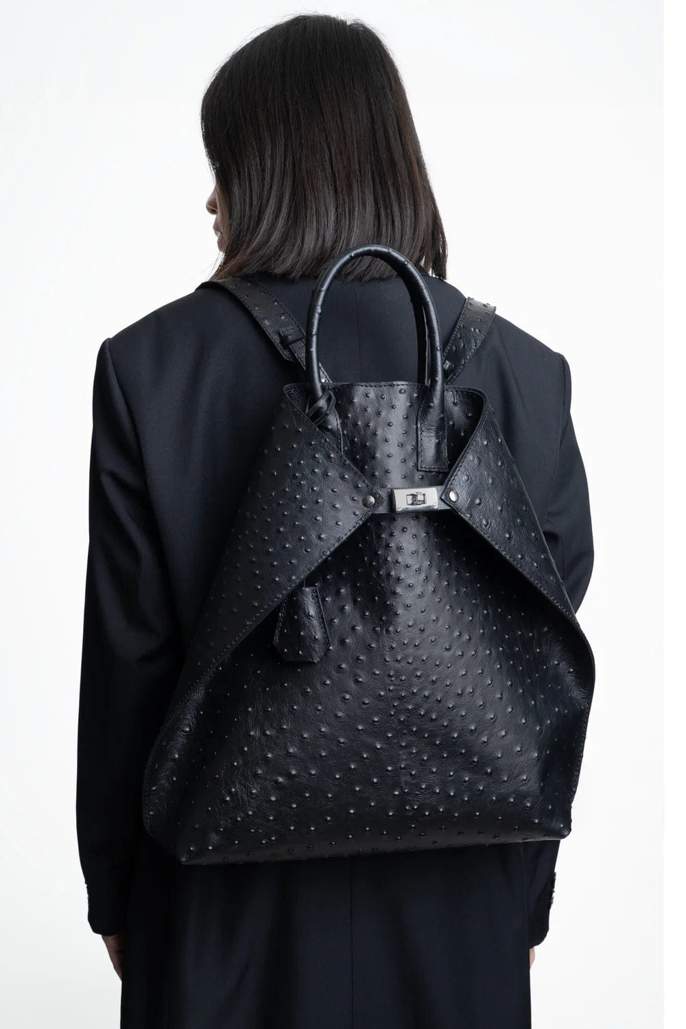 Aesthetic Pleasure Closer Embossed Ostrich Leather Backpack in Black
