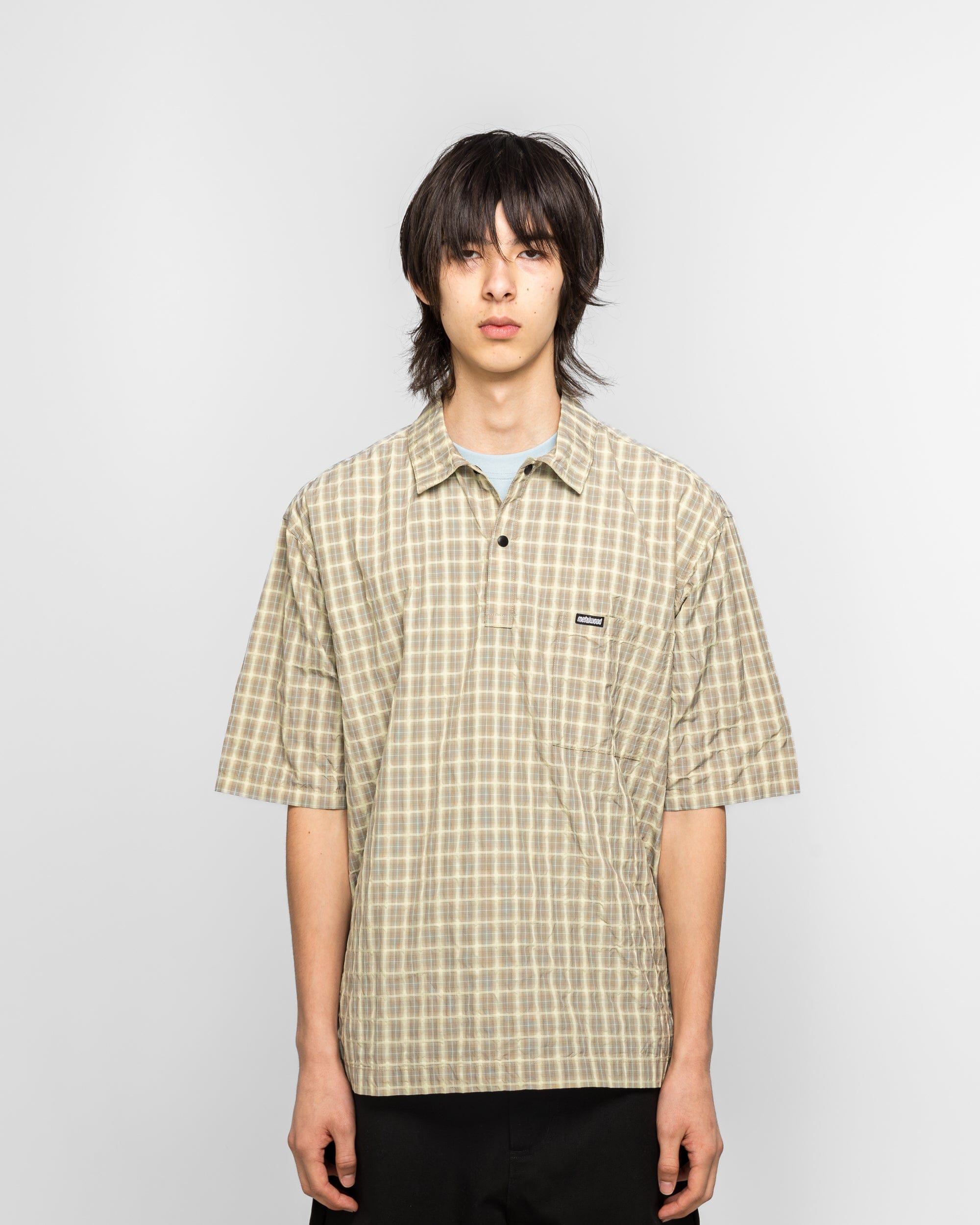Metalwood Oversized Snap Top Polo - Tan Plaid