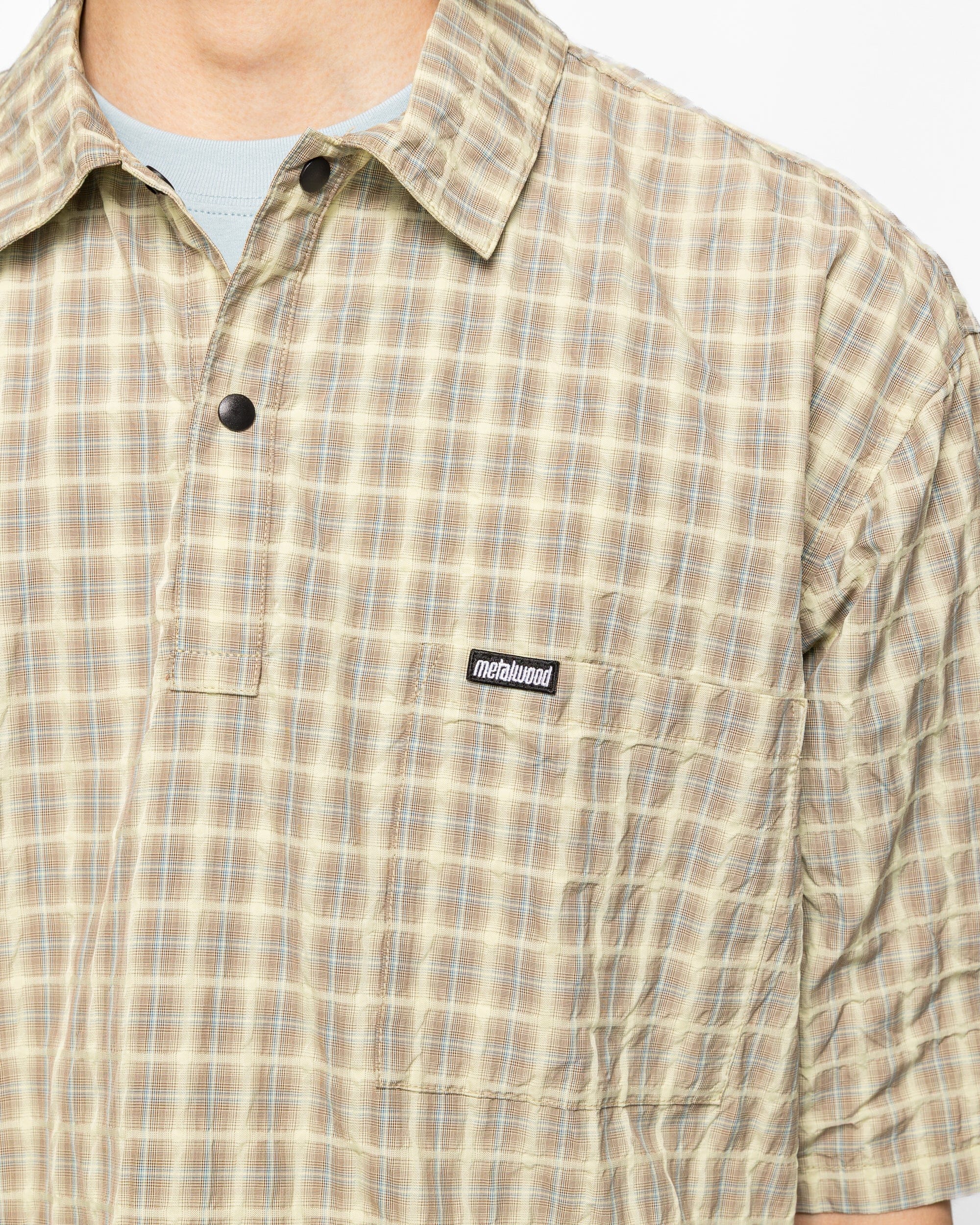 Metalwood Oversized Snap Top Polo - Tan Plaid