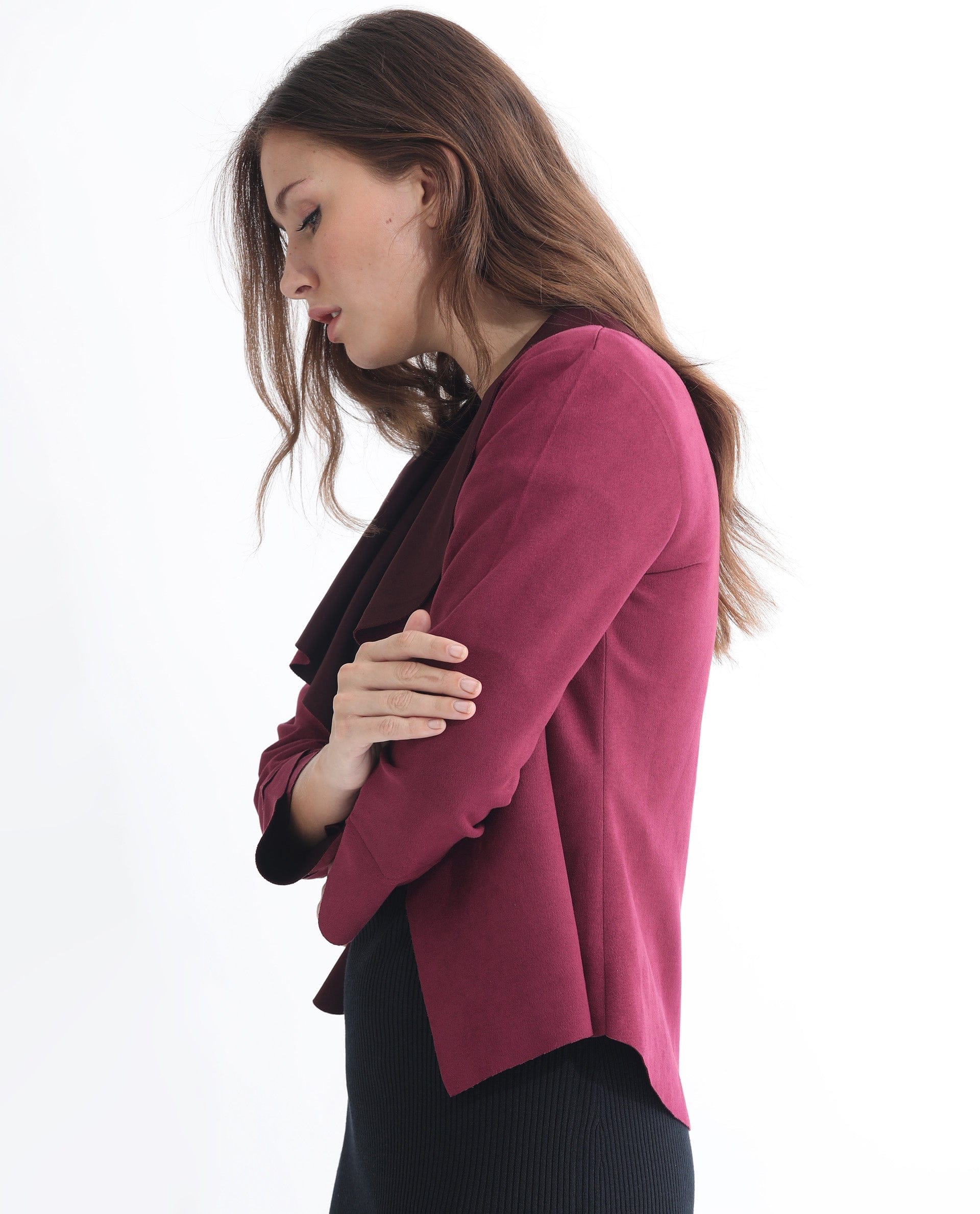 Rareism Women's Cinnamon Pink Polyester Cowl Neck Plain Relaxed Fit Jacket