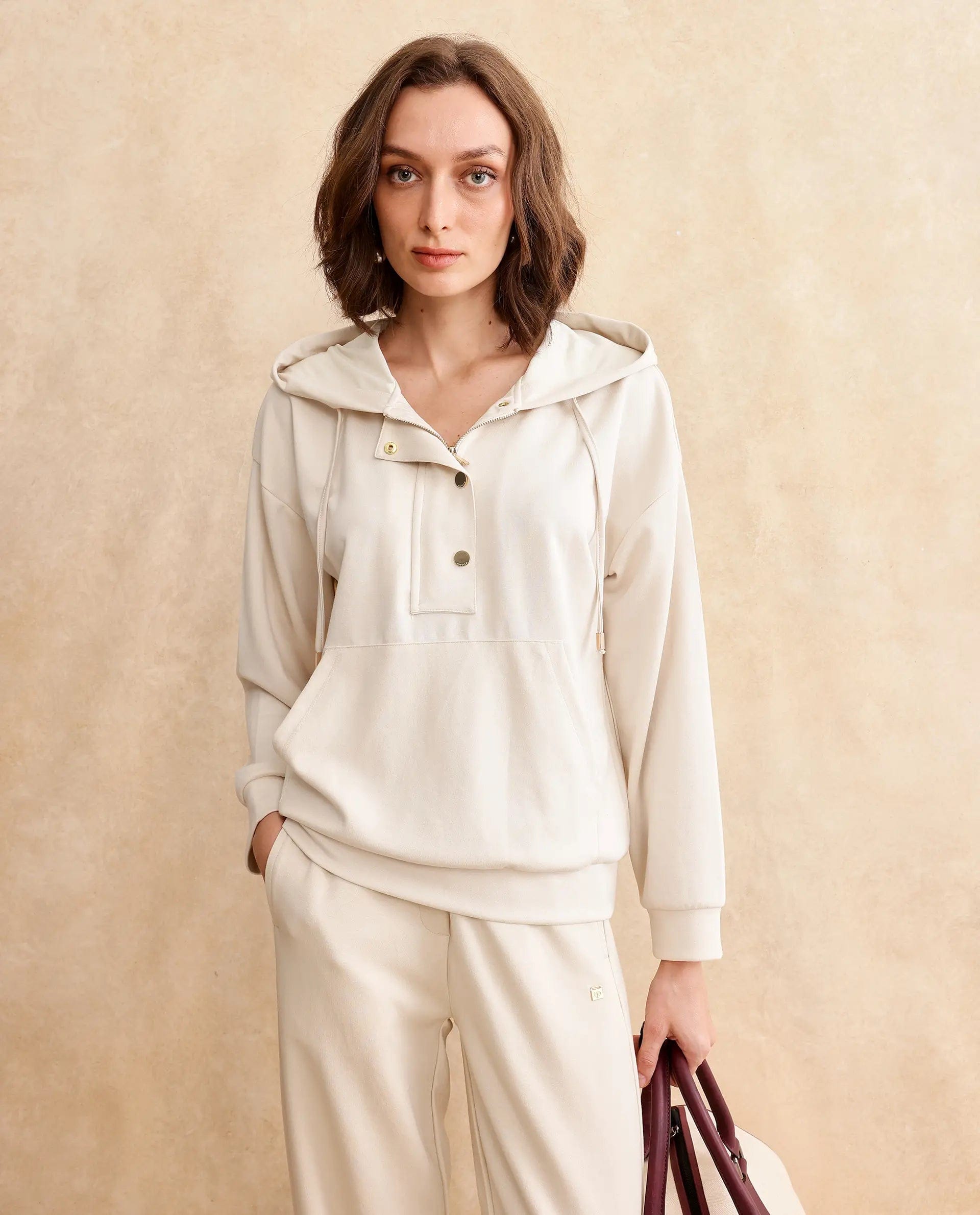 Rareism Women's Yalova Off White Modal Blend Hooded Plain Relaxed Fit Sweatshirt