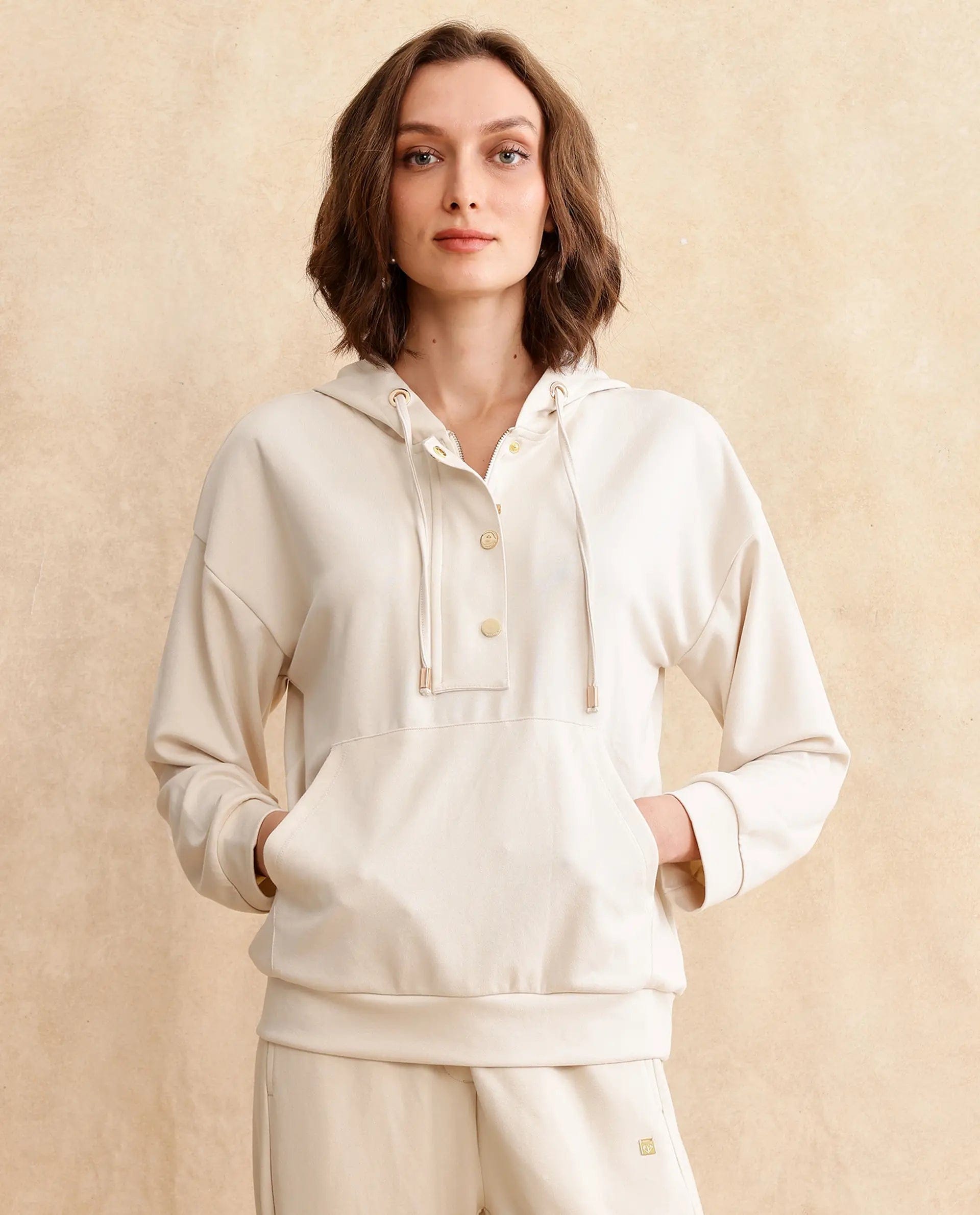 Rareism Women's Yalova Off White Modal Blend Hooded Plain Relaxed Fit Sweatshirt