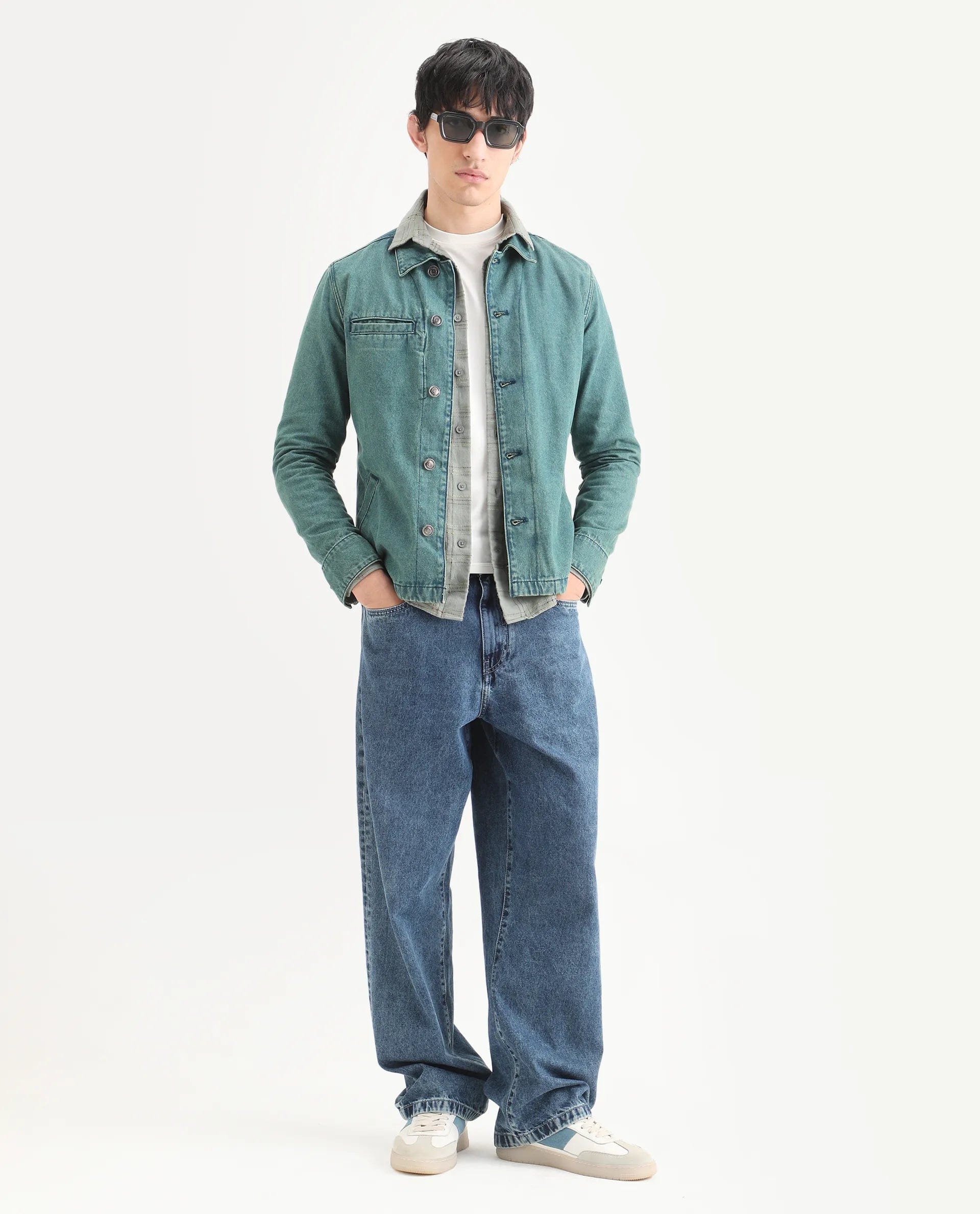 RARE Rabbit Men's Nio Green Cotton Plain Regular Fit Full Sleeve Spread Collar Jacket