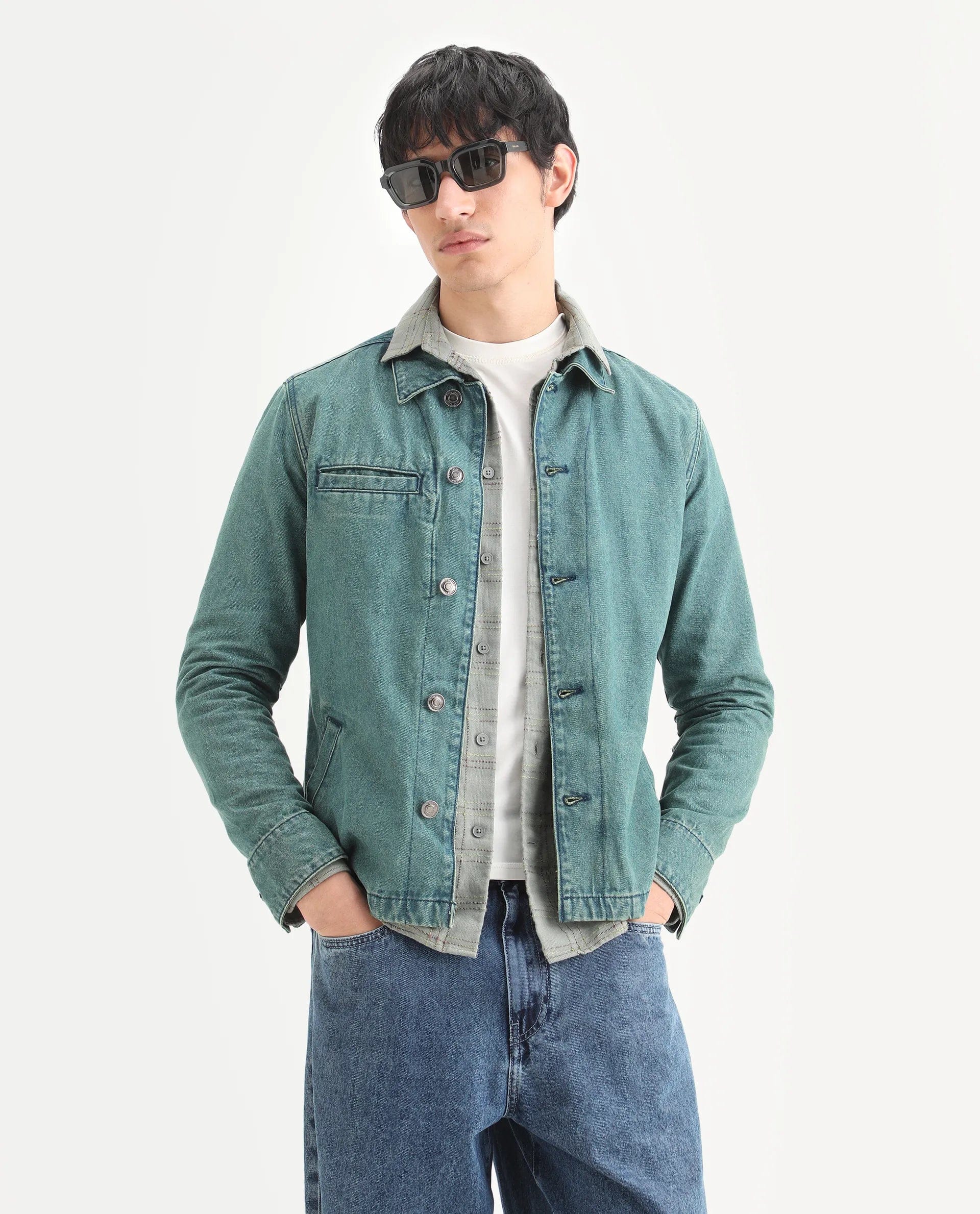 RARE Rabbit Men's Nio Green Cotton Plain Regular Fit Full Sleeve Spread Collar Jacket