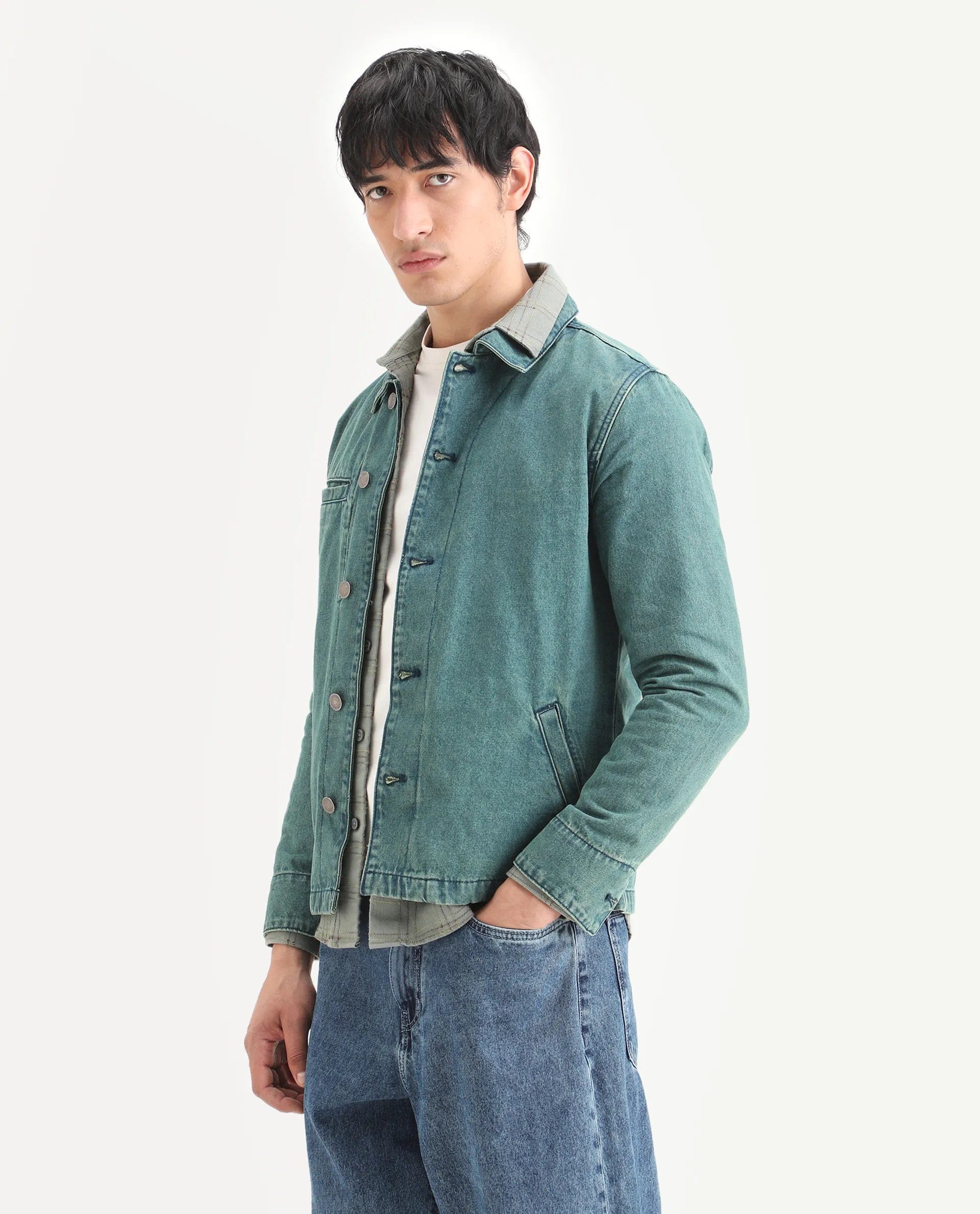 RARE Rabbit Men's Nio Green Cotton Plain Regular Fit Full Sleeve Spread Collar Jacket