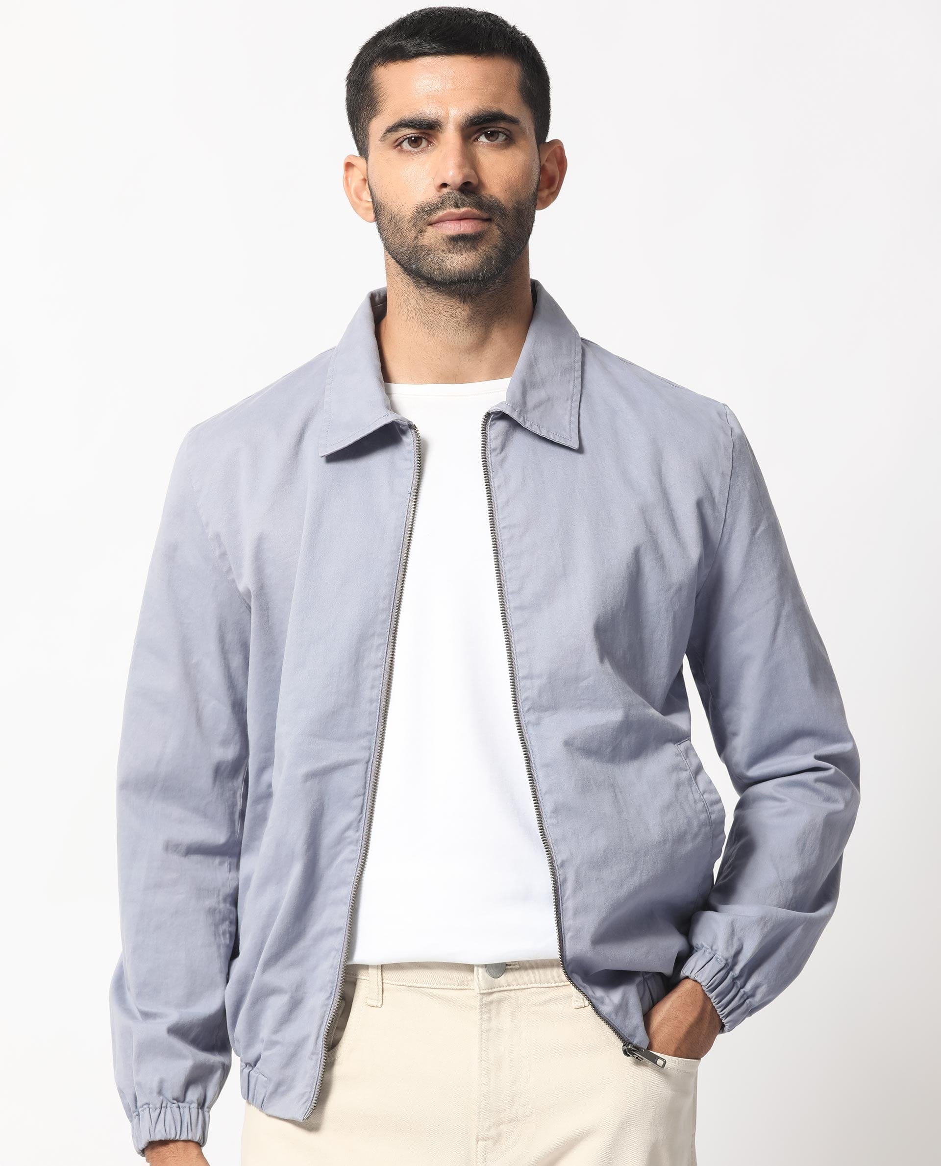 RARE Rabbit Men's Flinsten Dusky Blue Cotton Plain Regular Fit Full Sleeve Spread Collar Jacket
