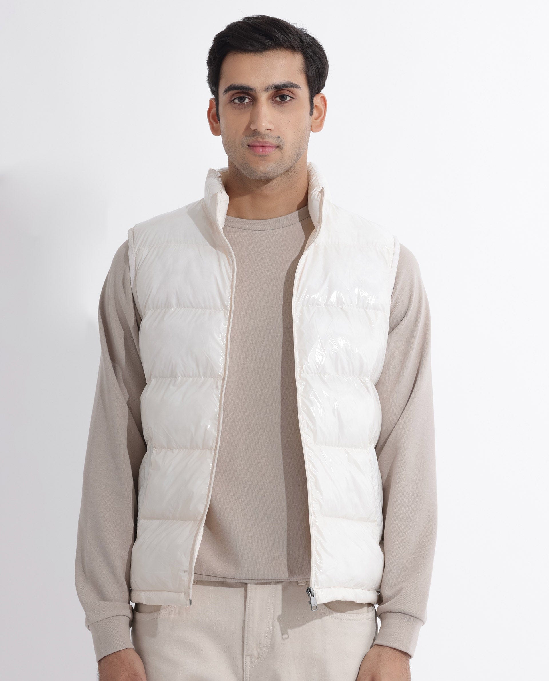 RARE Rabbit Men's Cover Off White Polyester Plain Relaxed Fit Sleeveless High Neck Jacket