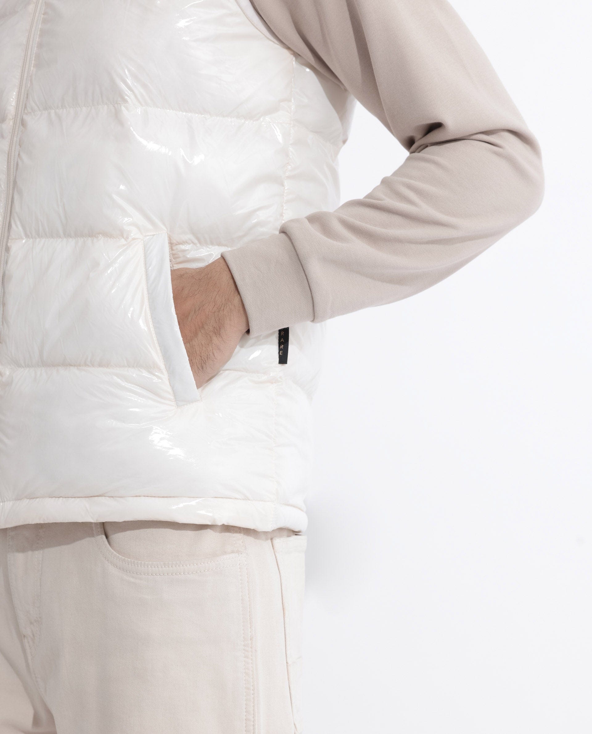 RARE Rabbit Men's Cover Off White Polyester Plain Relaxed Fit Sleeveless High Neck Jacket