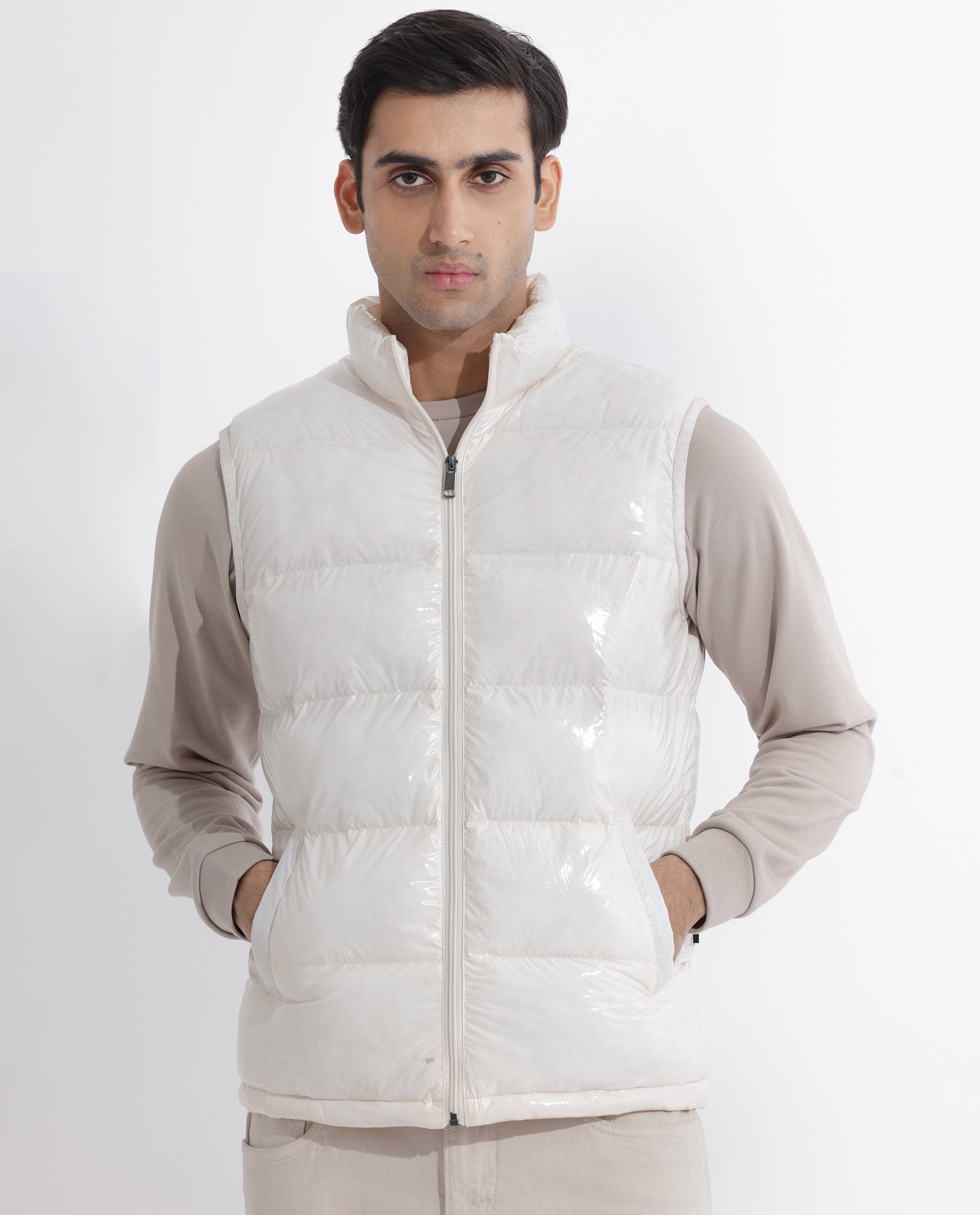 RARE Rabbit Men's Cover Off White Polyester Plain Relaxed Fit Sleeveless High Neck Jacket
