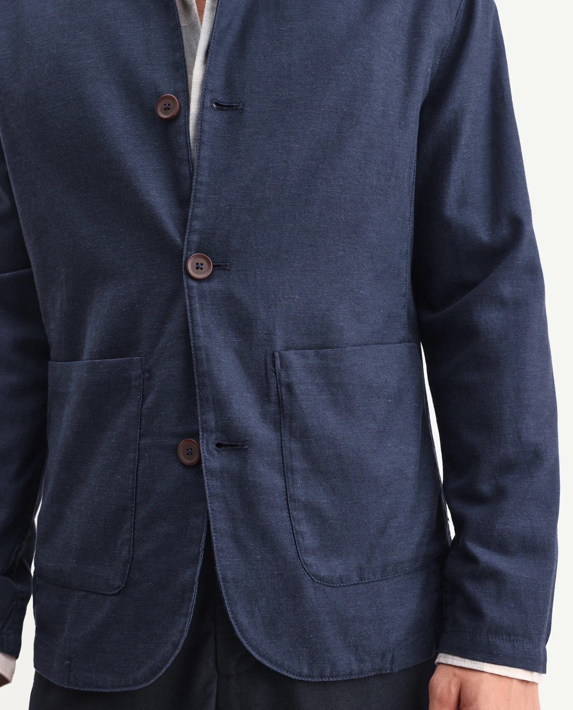 RARE Rabbit Men's Bela Navy Linen Blend Fabric Mandarin Collar Neck Tailored Fit Coat