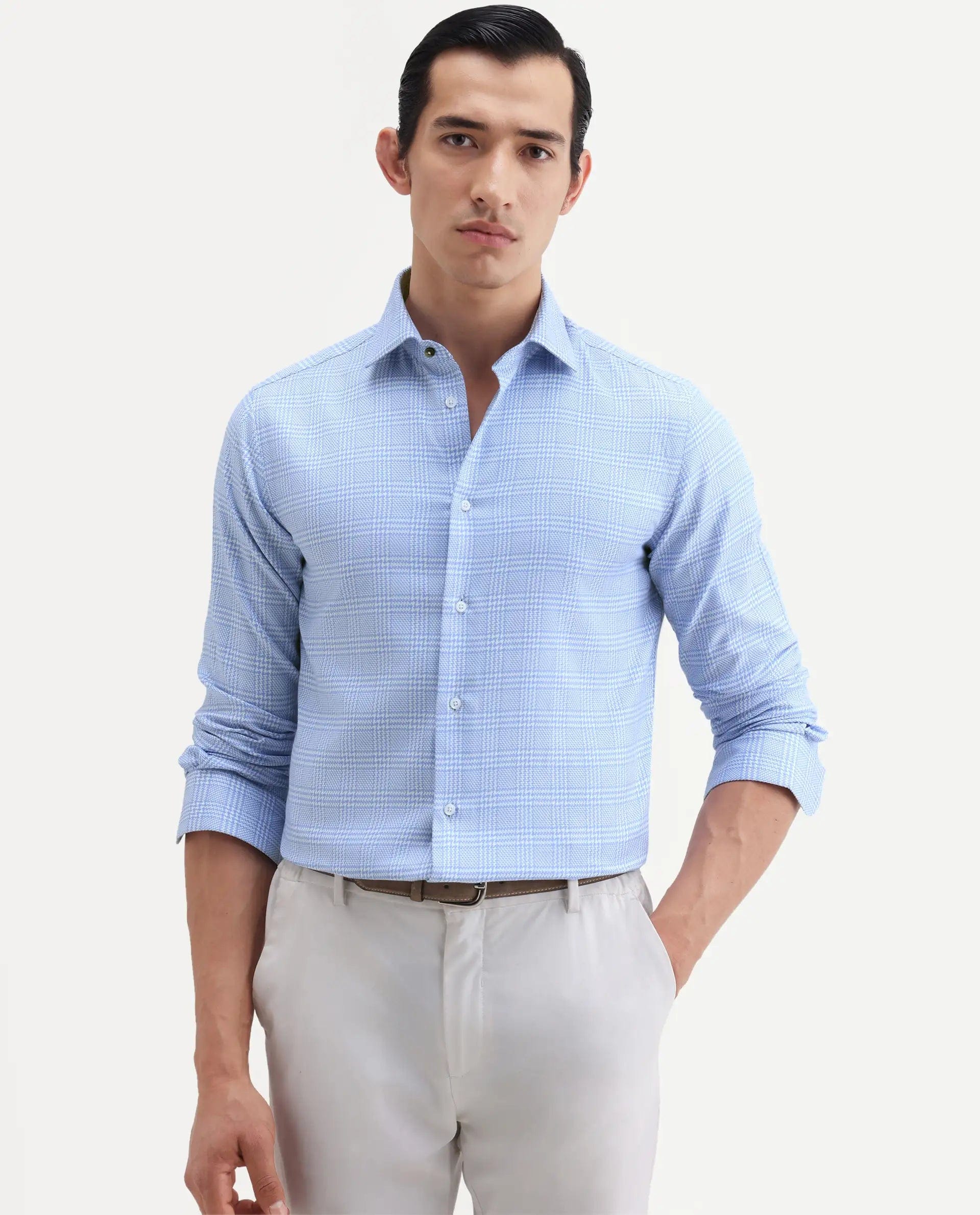 RARE Rabbit Men's Kate Light Blue Cotton Fabric Full Sleeve Spread Collar Regular Checked Shirt