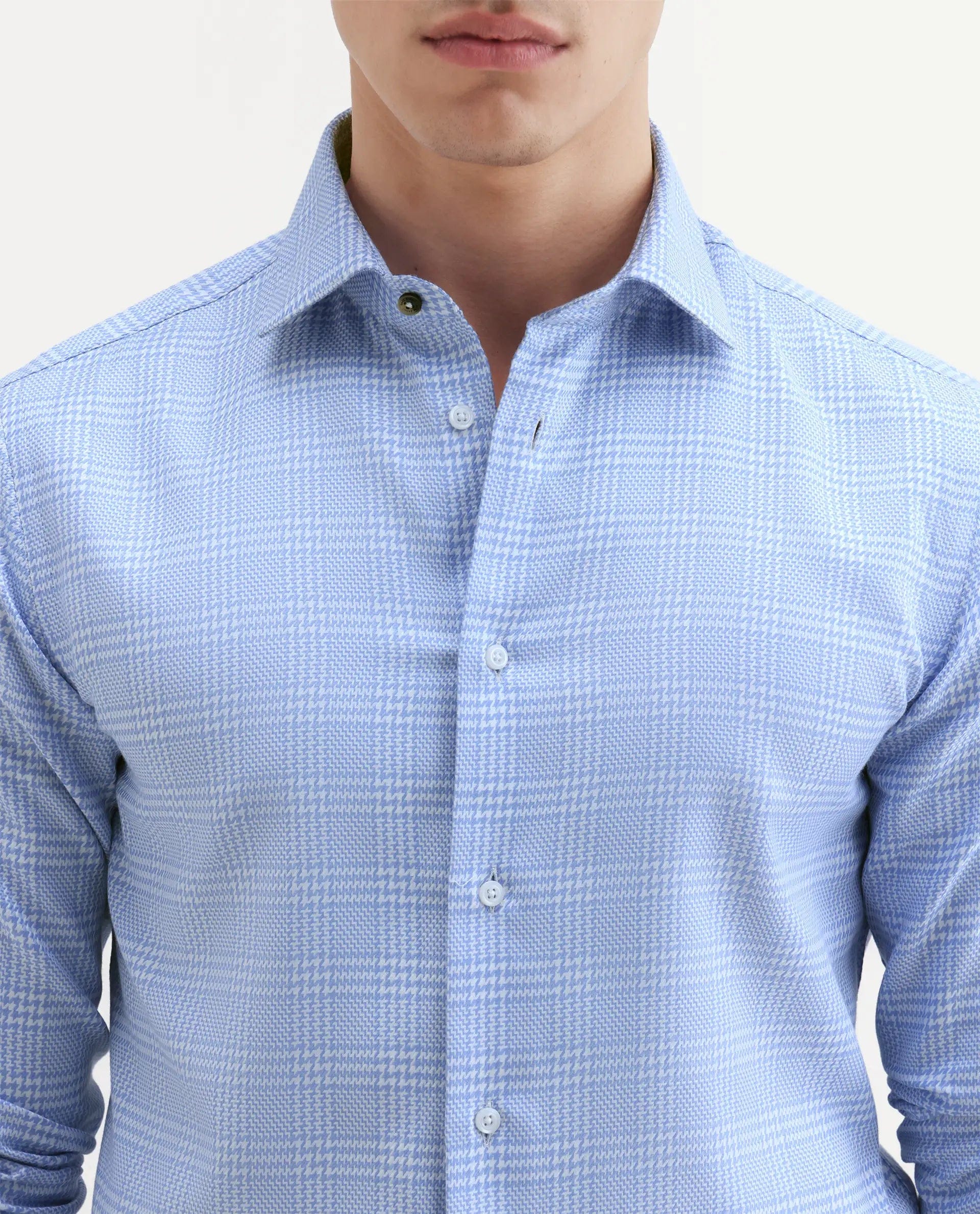 RARE Rabbit Men's Kate Light Blue Cotton Fabric Full Sleeve Spread Collar Regular Checked Shirt