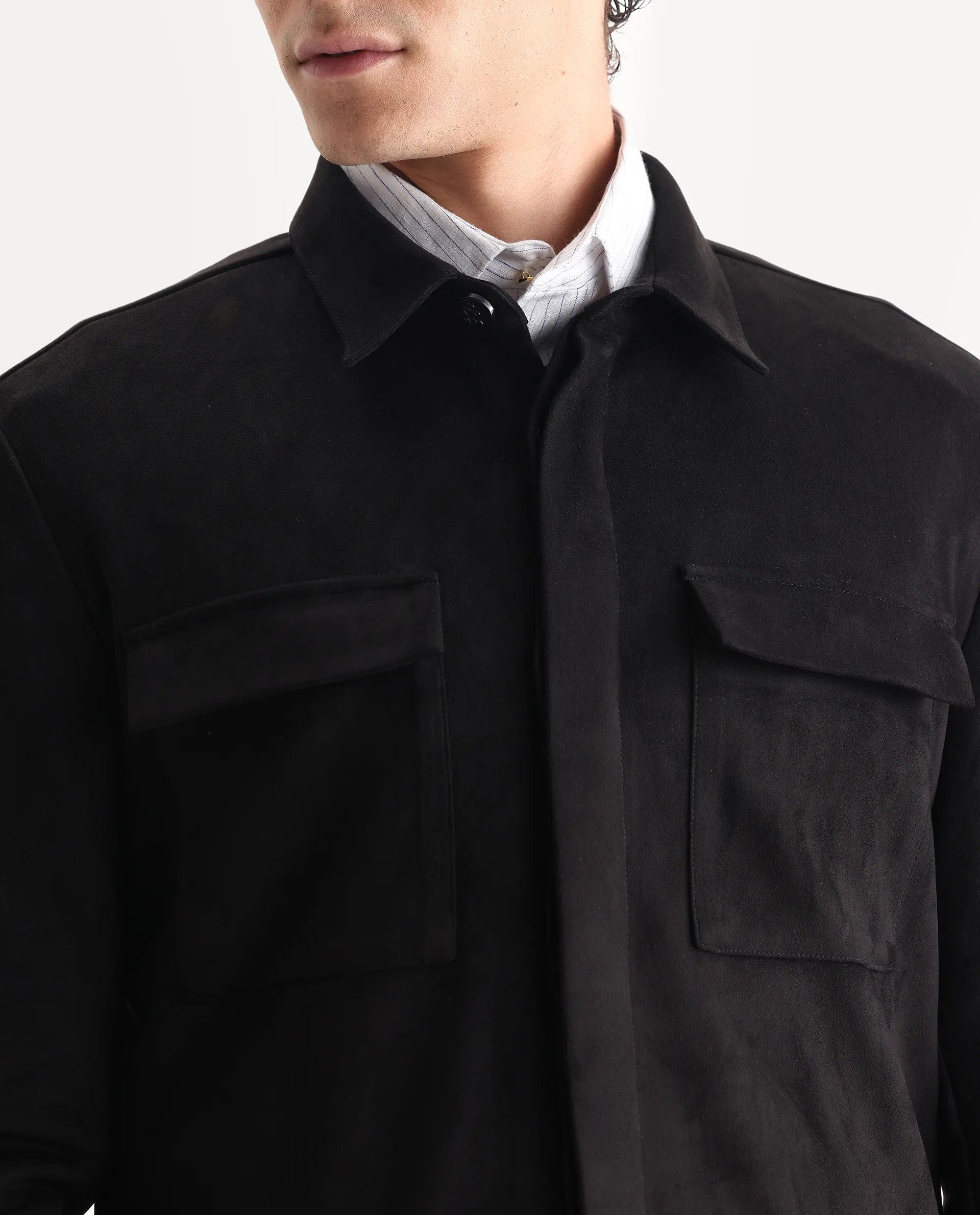 RARE Rabbit Men's Delk - 25 Black Polyester Blend Fabric Collared Neck Relaxed Plain Jacket