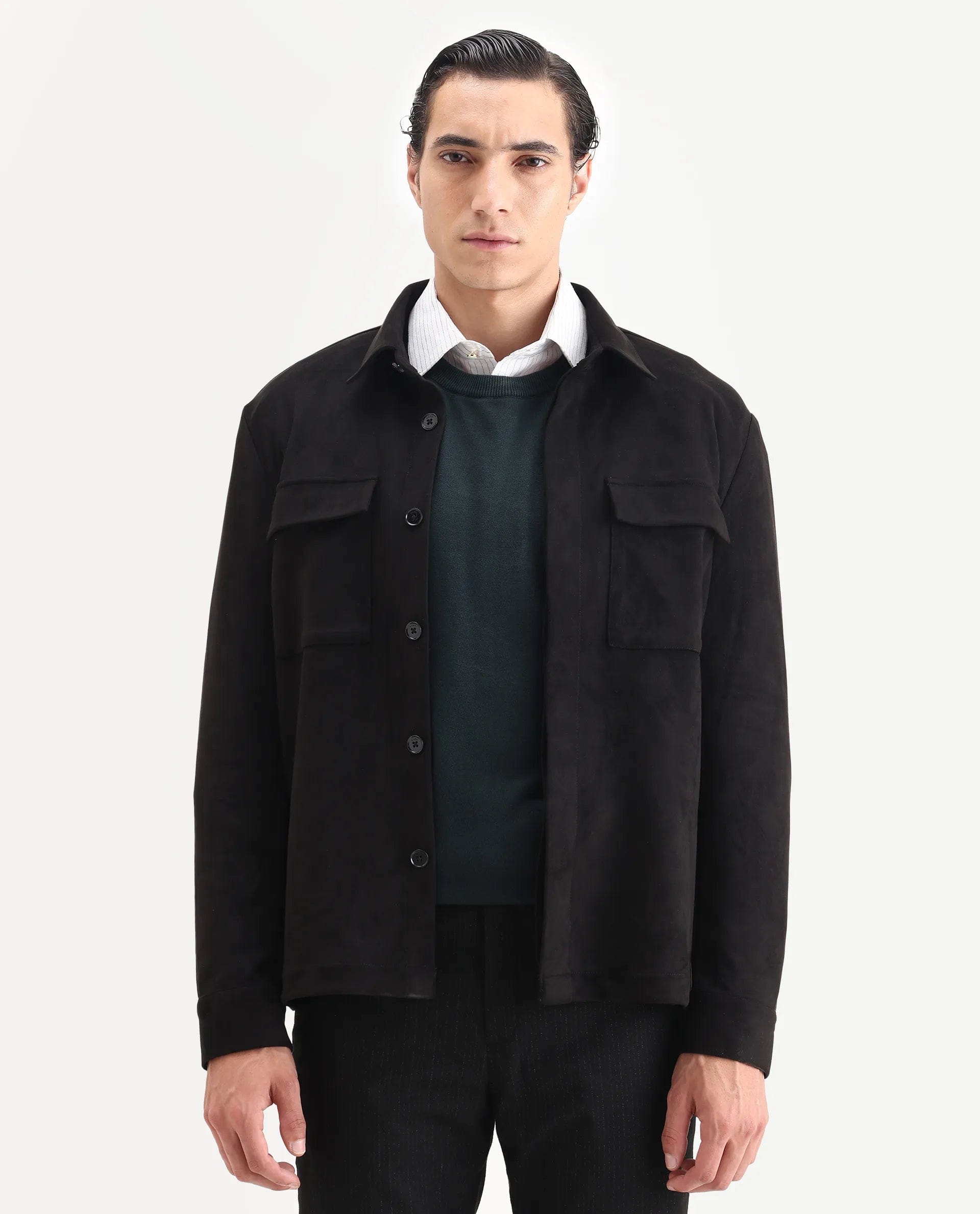 RARE Rabbit Men's Delk - 25 Black Polyester Blend Fabric Collared Neck Relaxed Plain Jacket