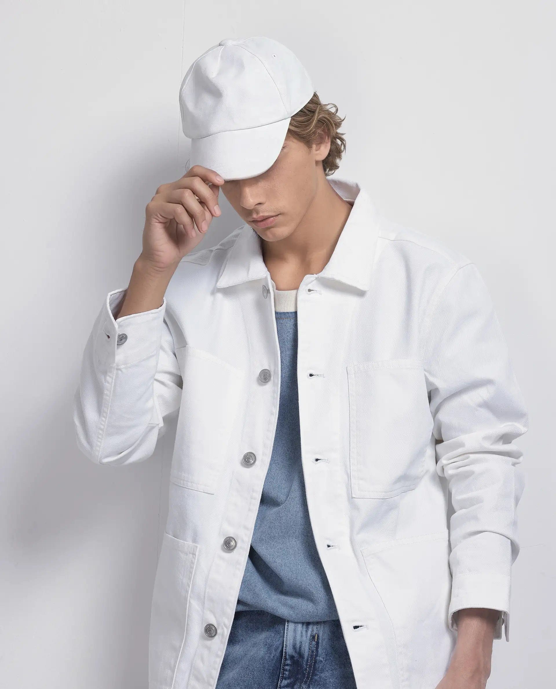 RARE Rabbit Men's Brond White Cotton Plain Regular Fit Full Sleeve Spread Collar Jacket
