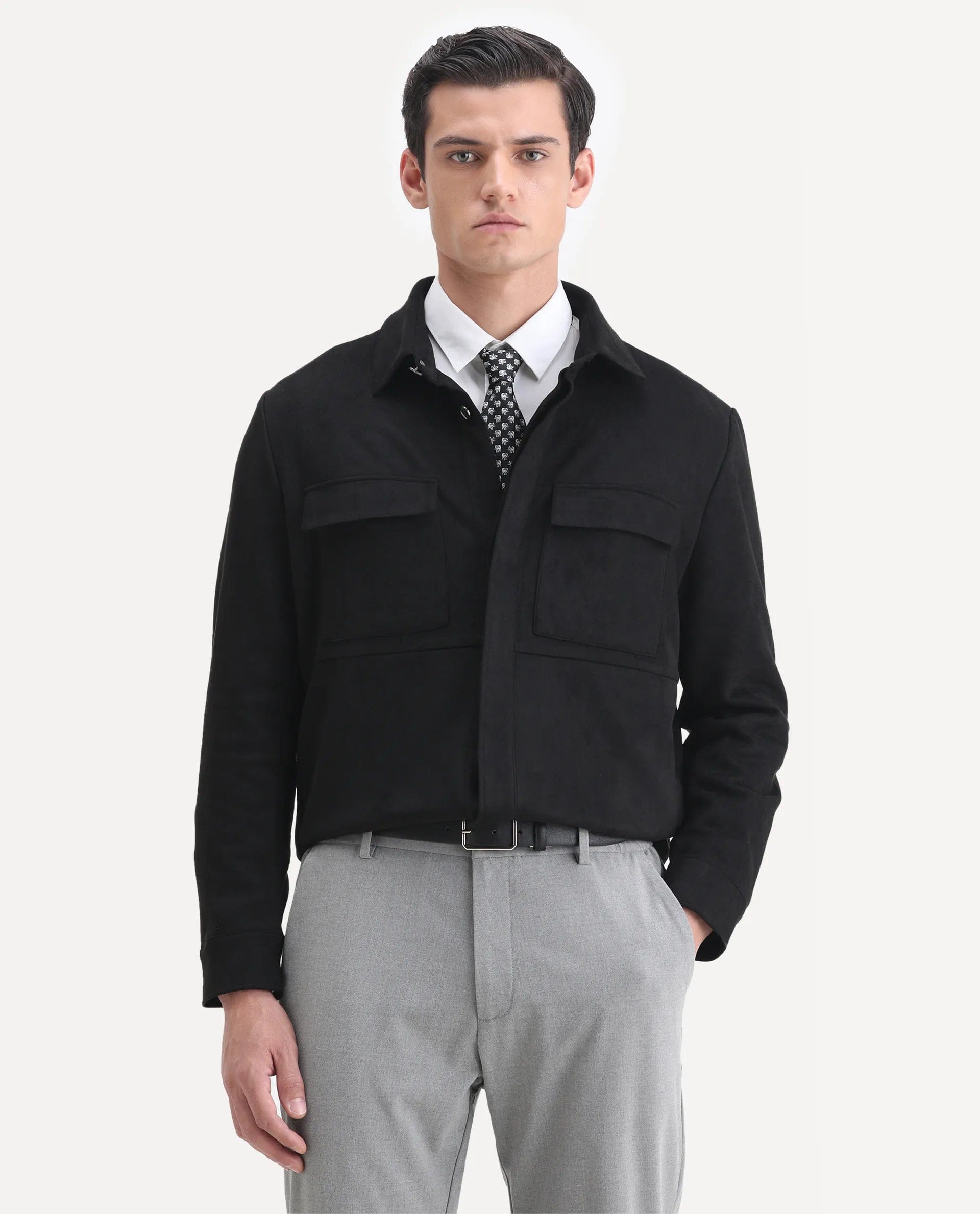 RARE Rabbit Men's Delk - 2 Black Polyester Plain Regular Fit Full Sleeve Spread Collar Jacket