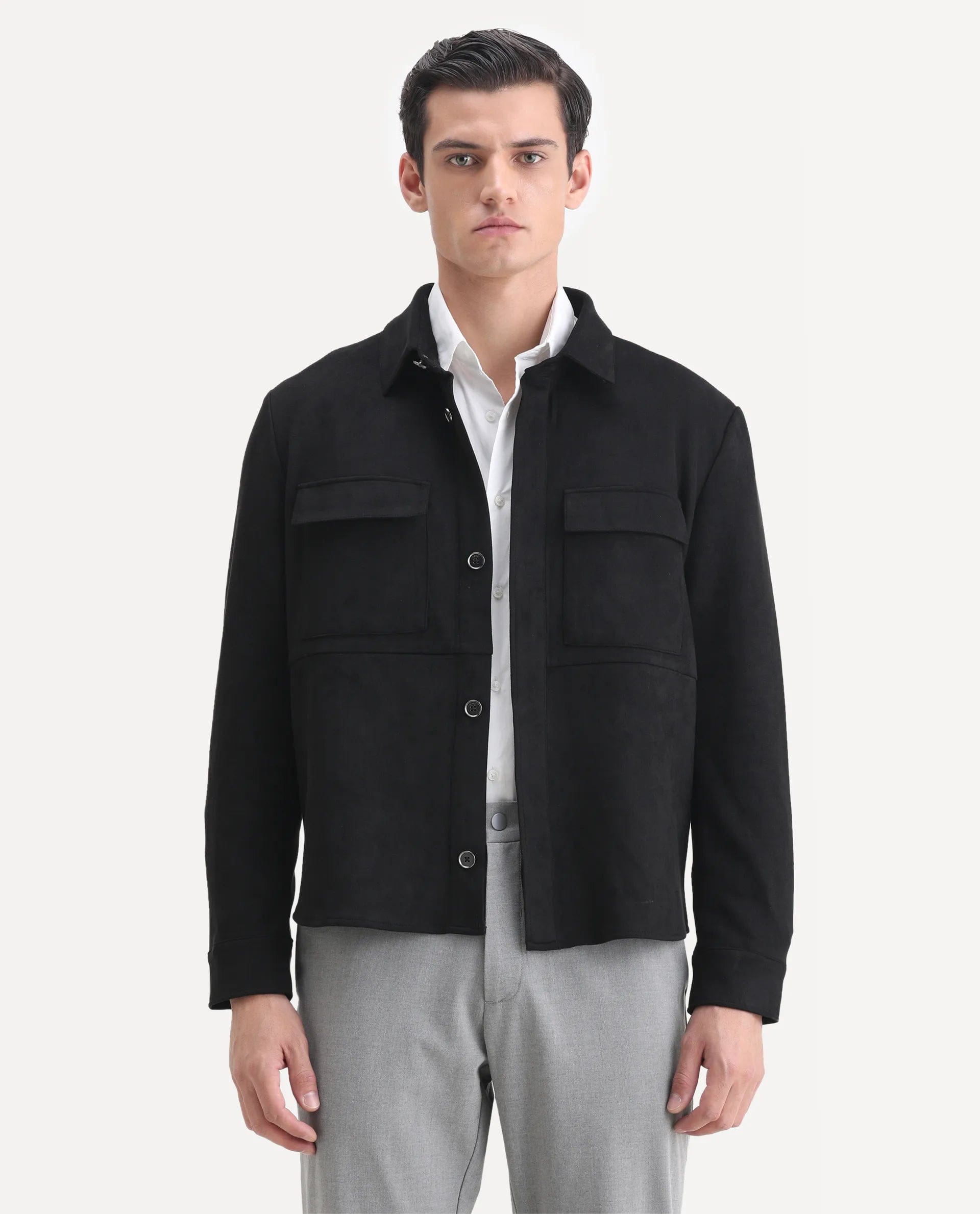 RARE Rabbit Men's Delk - 2 Black Polyester Plain Regular Fit Full Sleeve Spread Collar Jacket