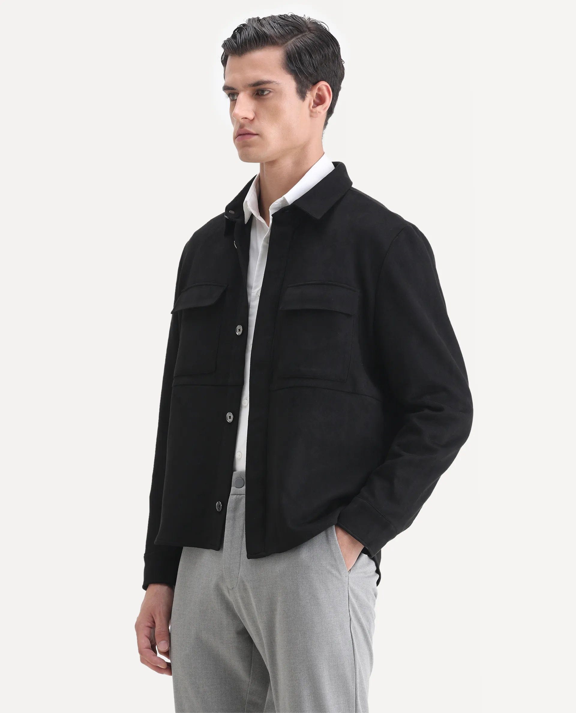 RARE Rabbit Men's Delk - 2 Black Polyester Plain Regular Fit Full Sleeve Spread Collar Jacket