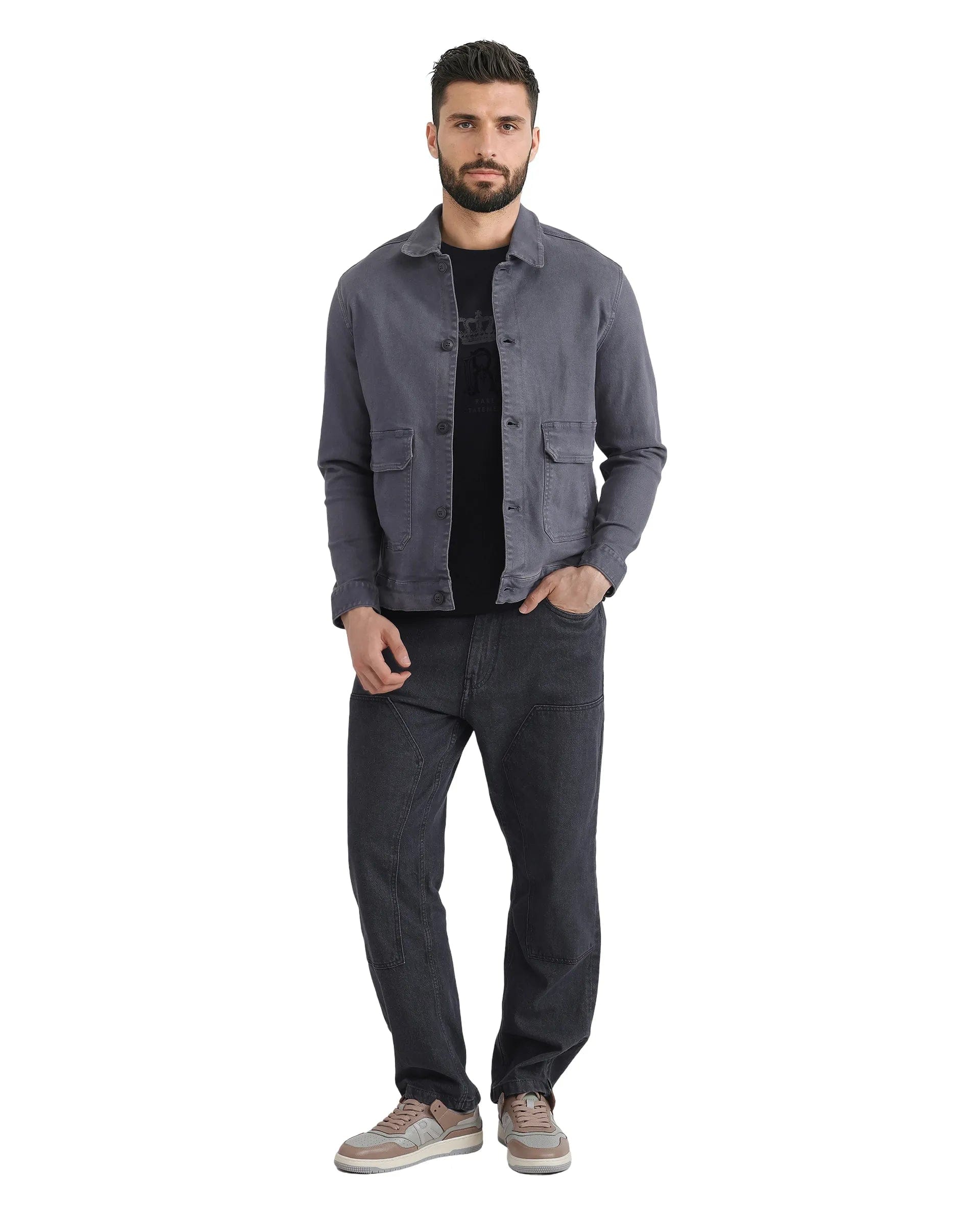 RARE Rabbit Men's Volta Dark Grey Cotton Plain Regular Fit Full Sleeve Spread Collar Jacket