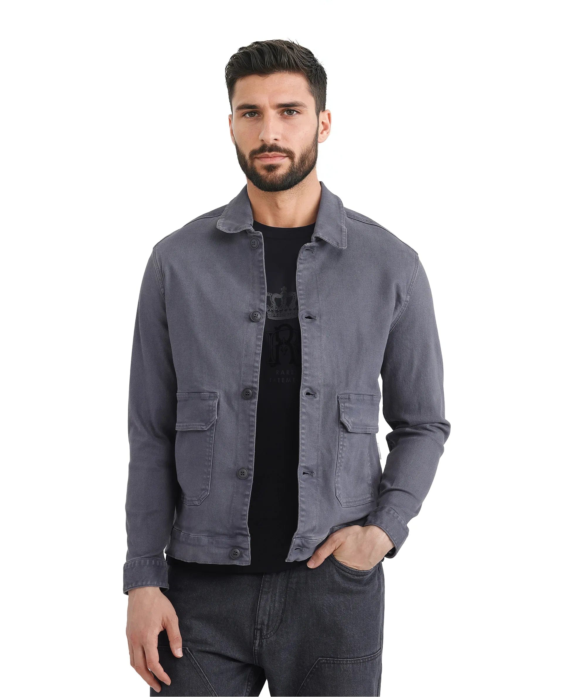 RARE Rabbit Men's Volta Dark Grey Cotton Plain Regular Fit Full Sleeve Spread Collar Jacket